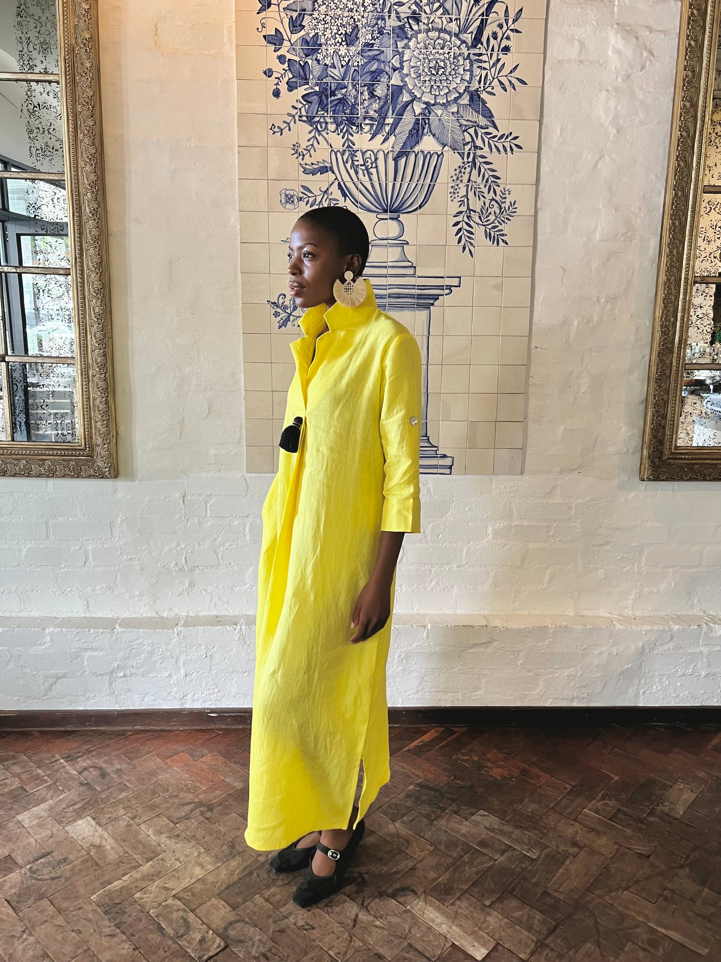 Yellow Linen Collar Kaftan