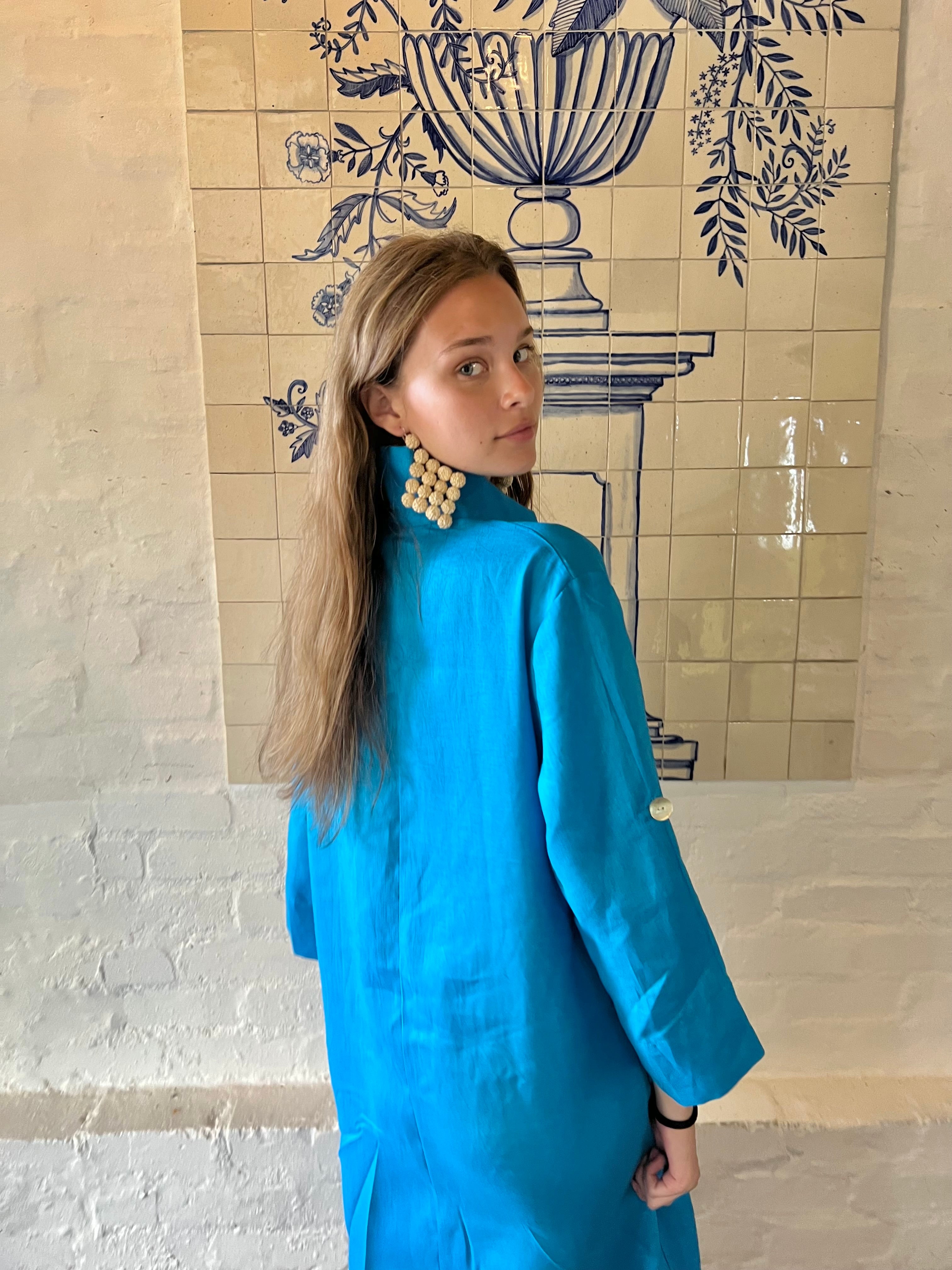 Turquoise Linen Collar Kaftan