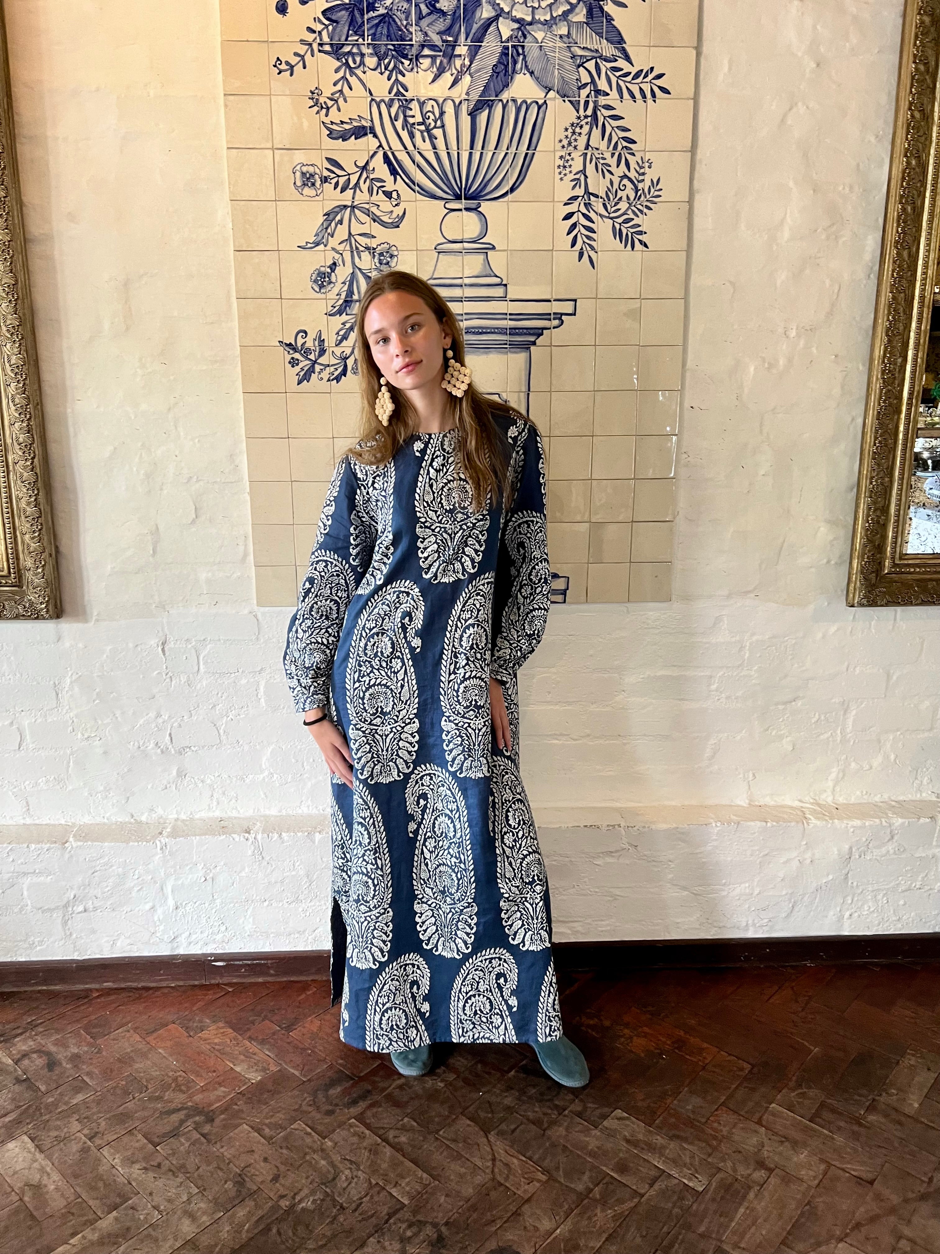 Jaipur Paisley Linen Collar Kaftan Blue