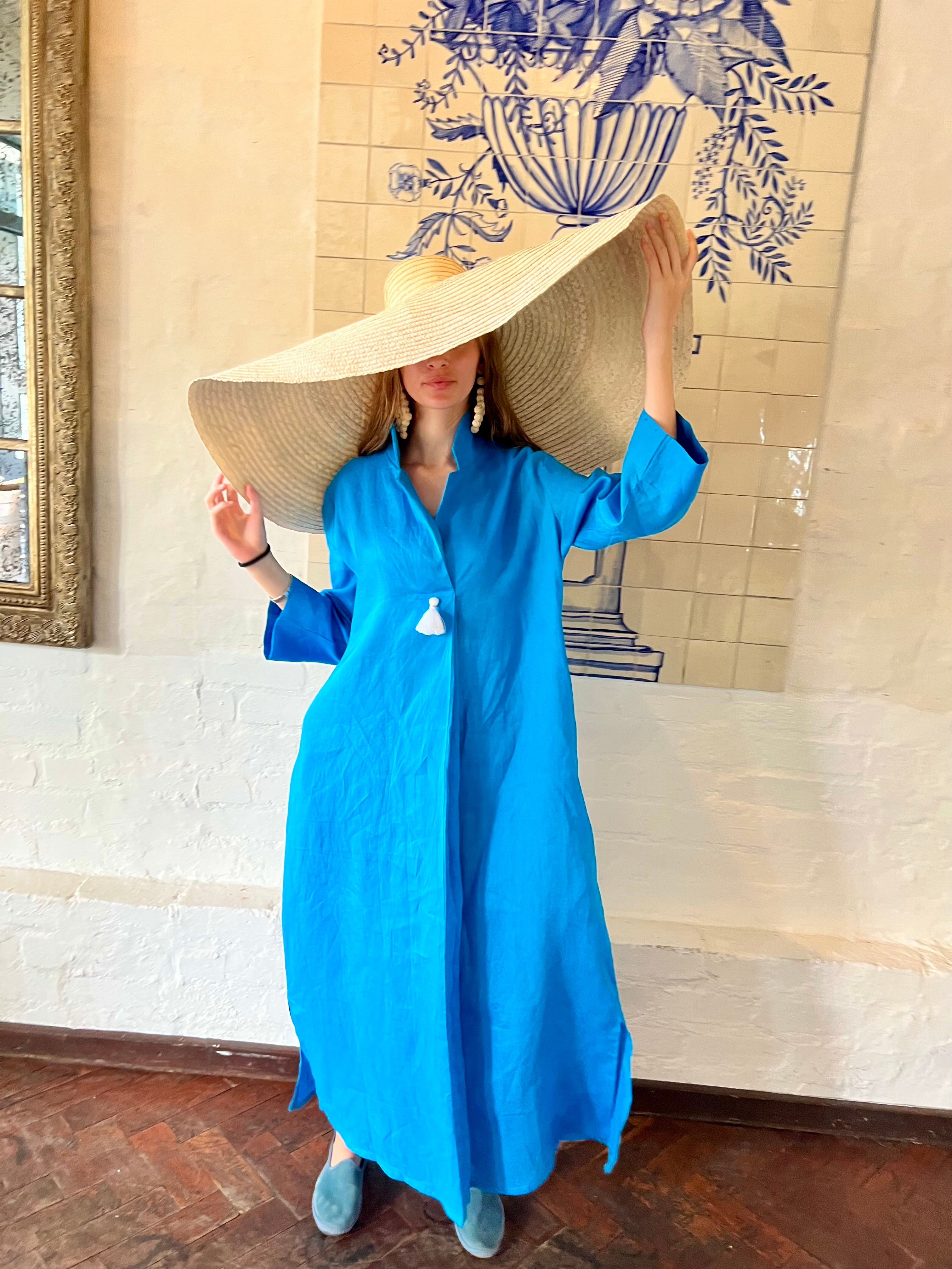 Turquoise Linen Collar Kaftan