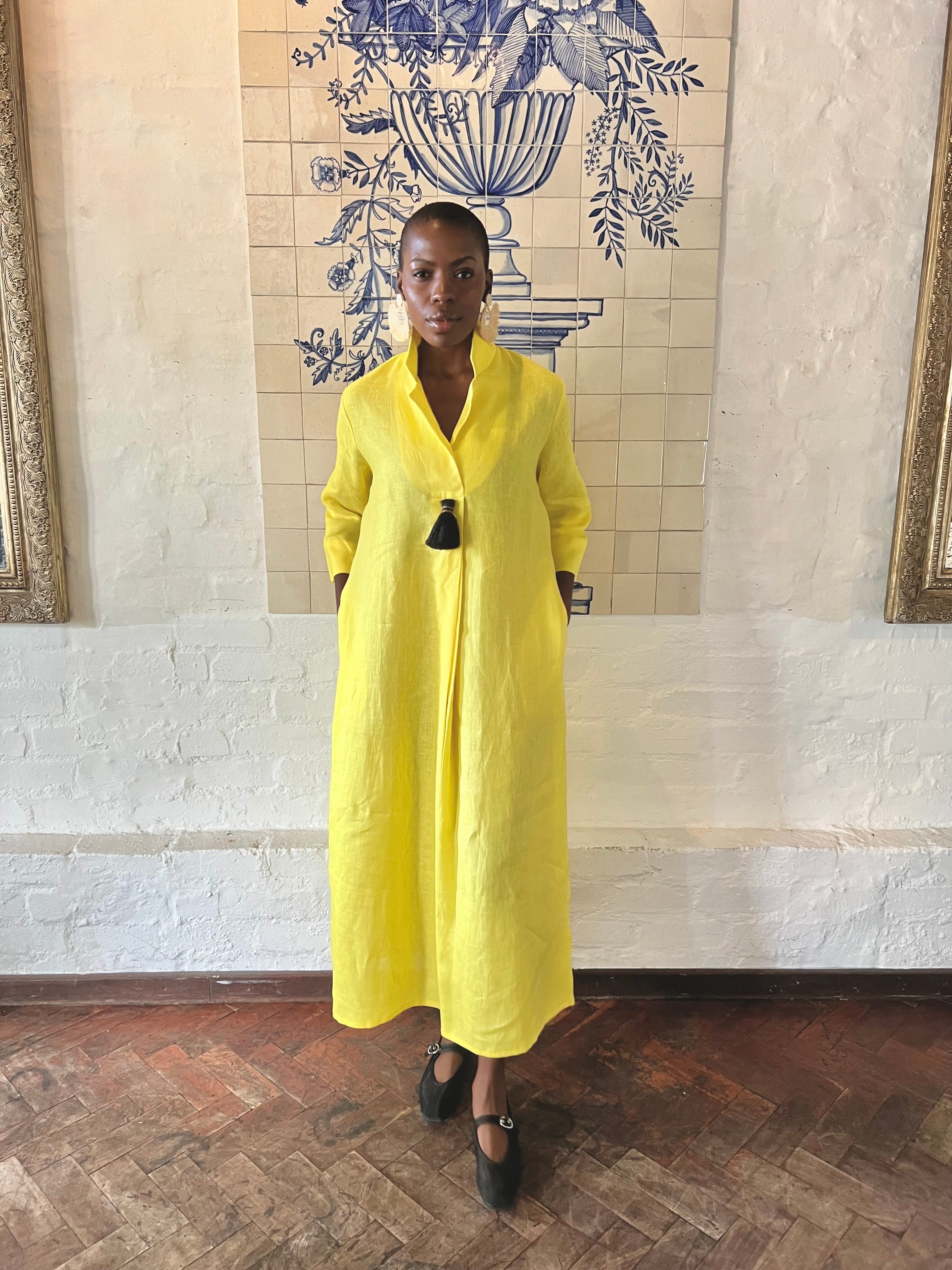 Yellow Linen Collar Kaftan