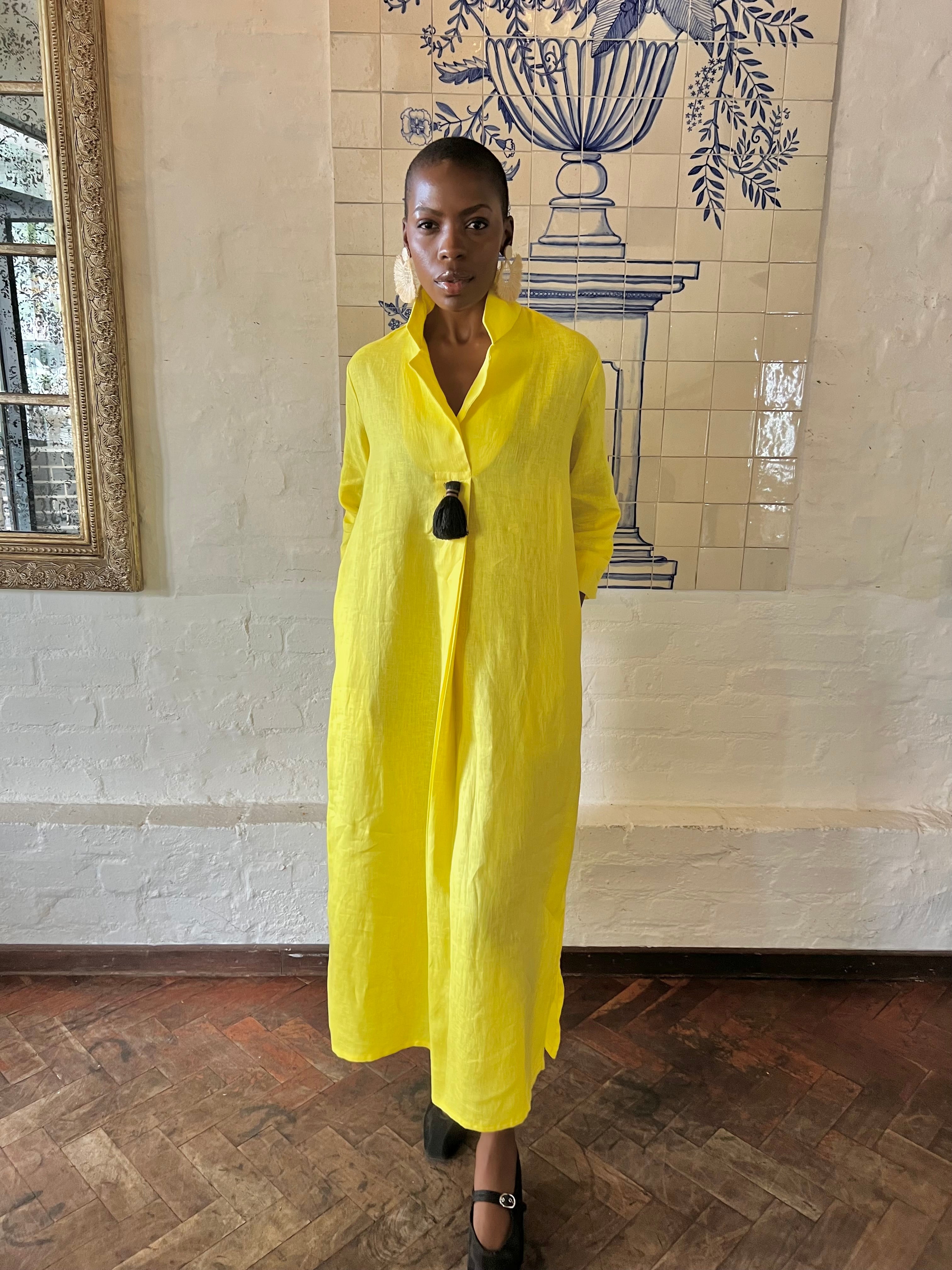 Yellow Linen Collar Kaftan