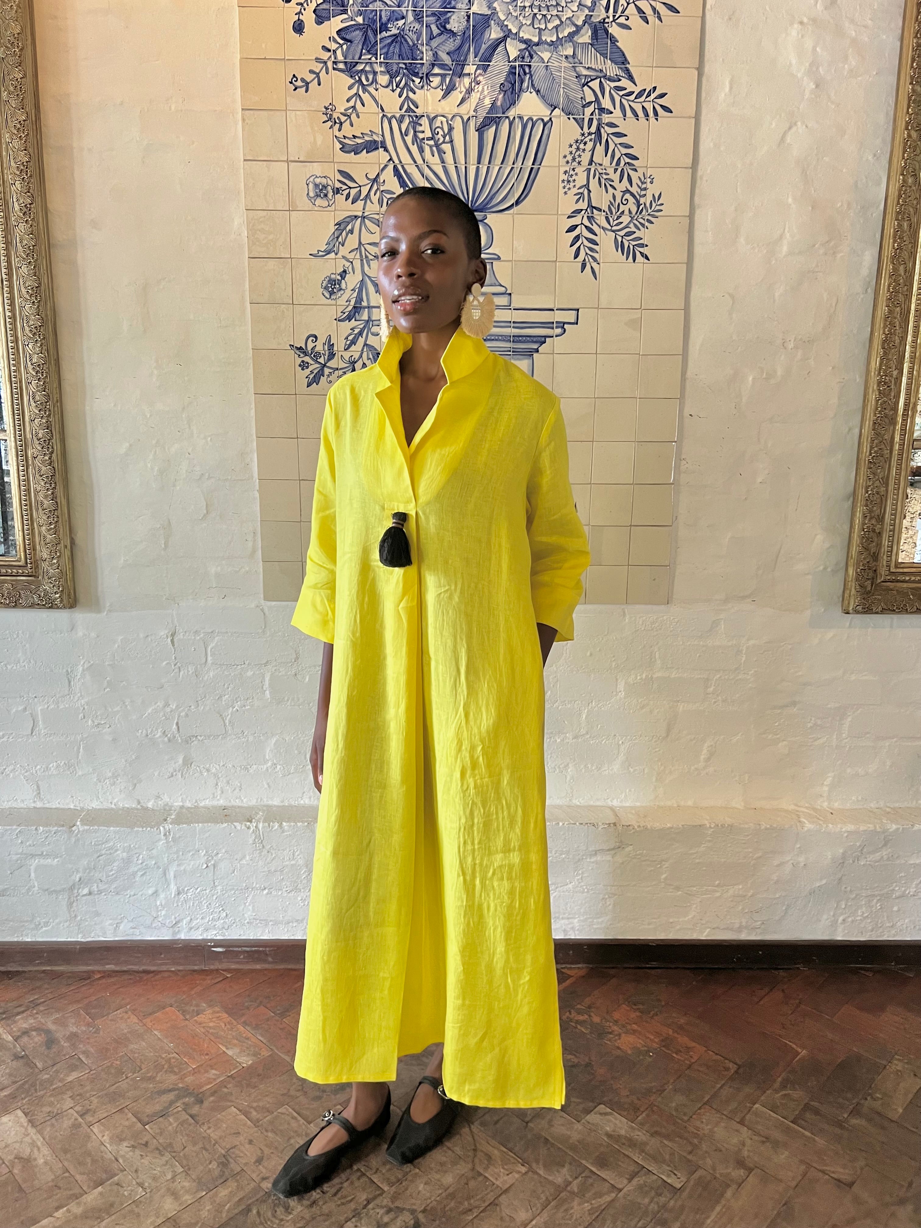 Yellow Linen Collar Kaftan