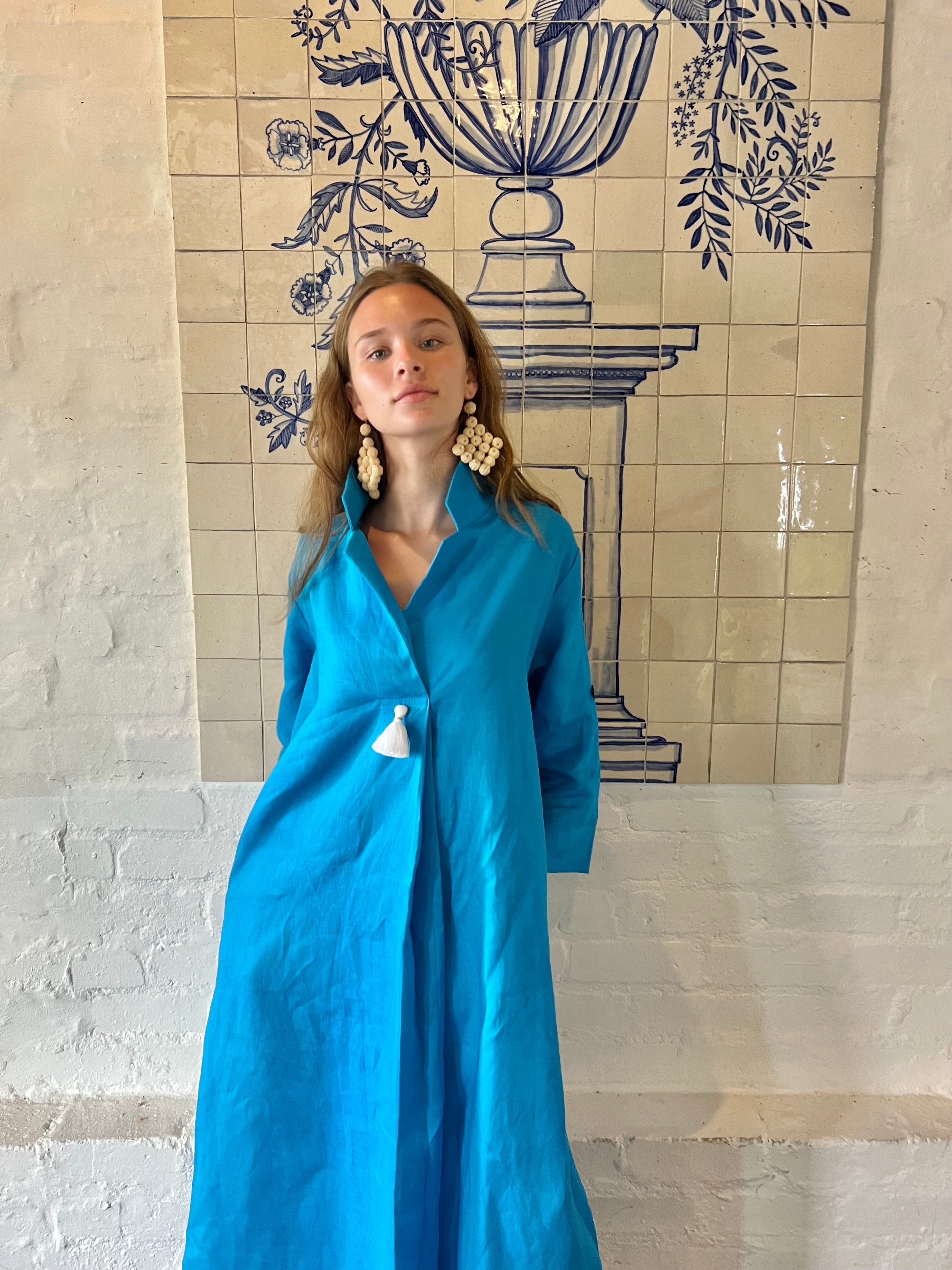 Turquoise Linen Collar Kaftan