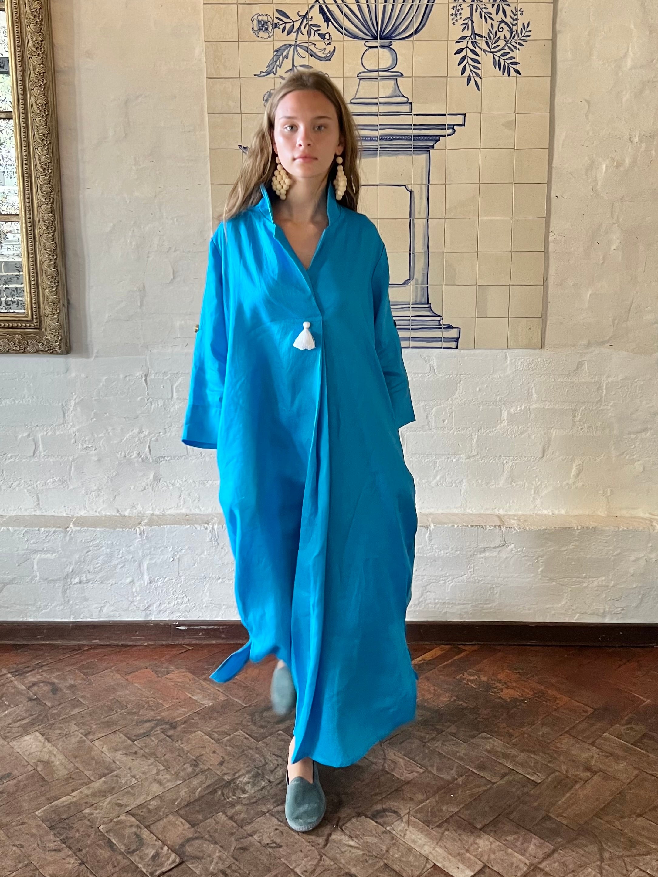 Turquoise Linen Collar Kaftan