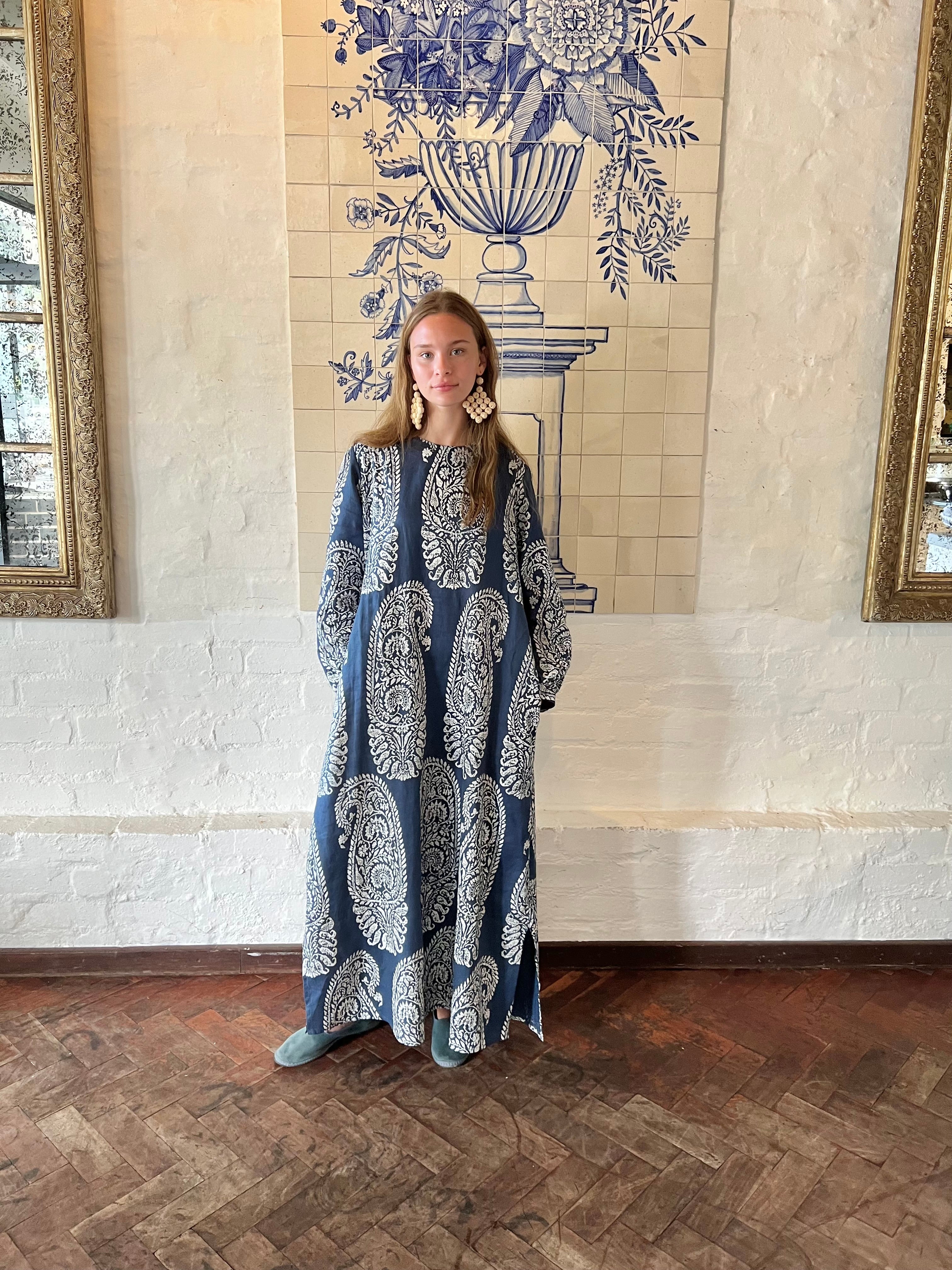 Jaipur Paisley Linen Collar Kaftan Blue