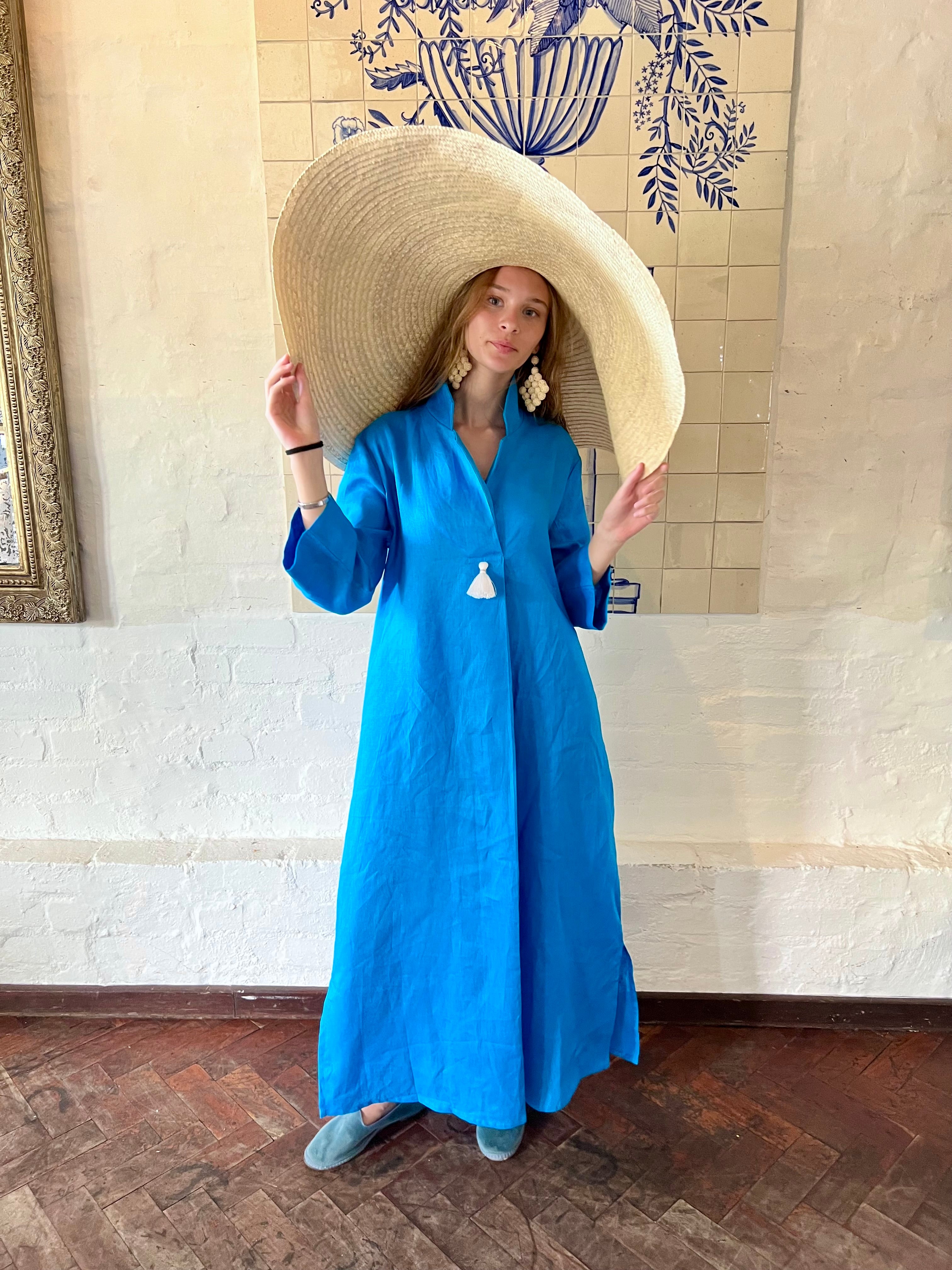 Turquoise Linen Collar Kaftan