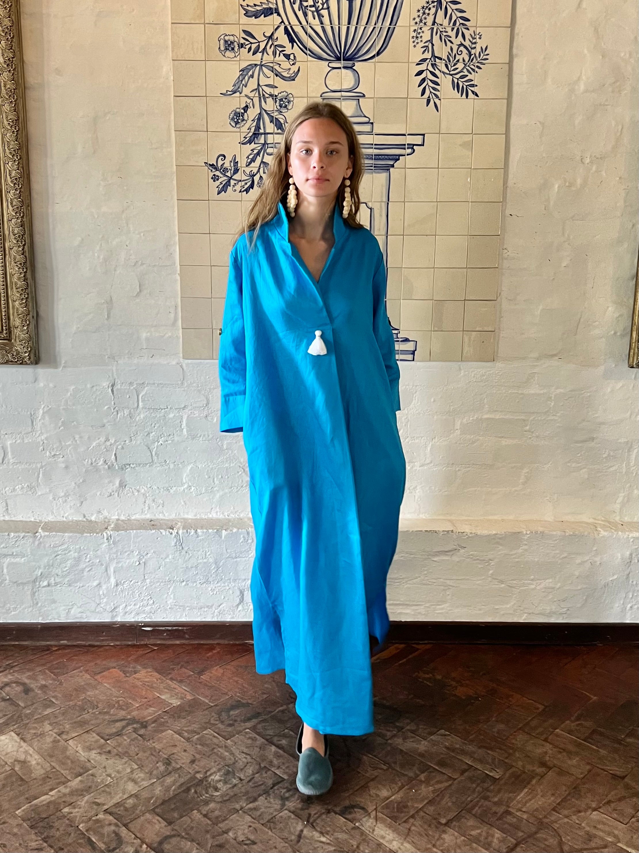 Turquoise Linen Collar Kaftan