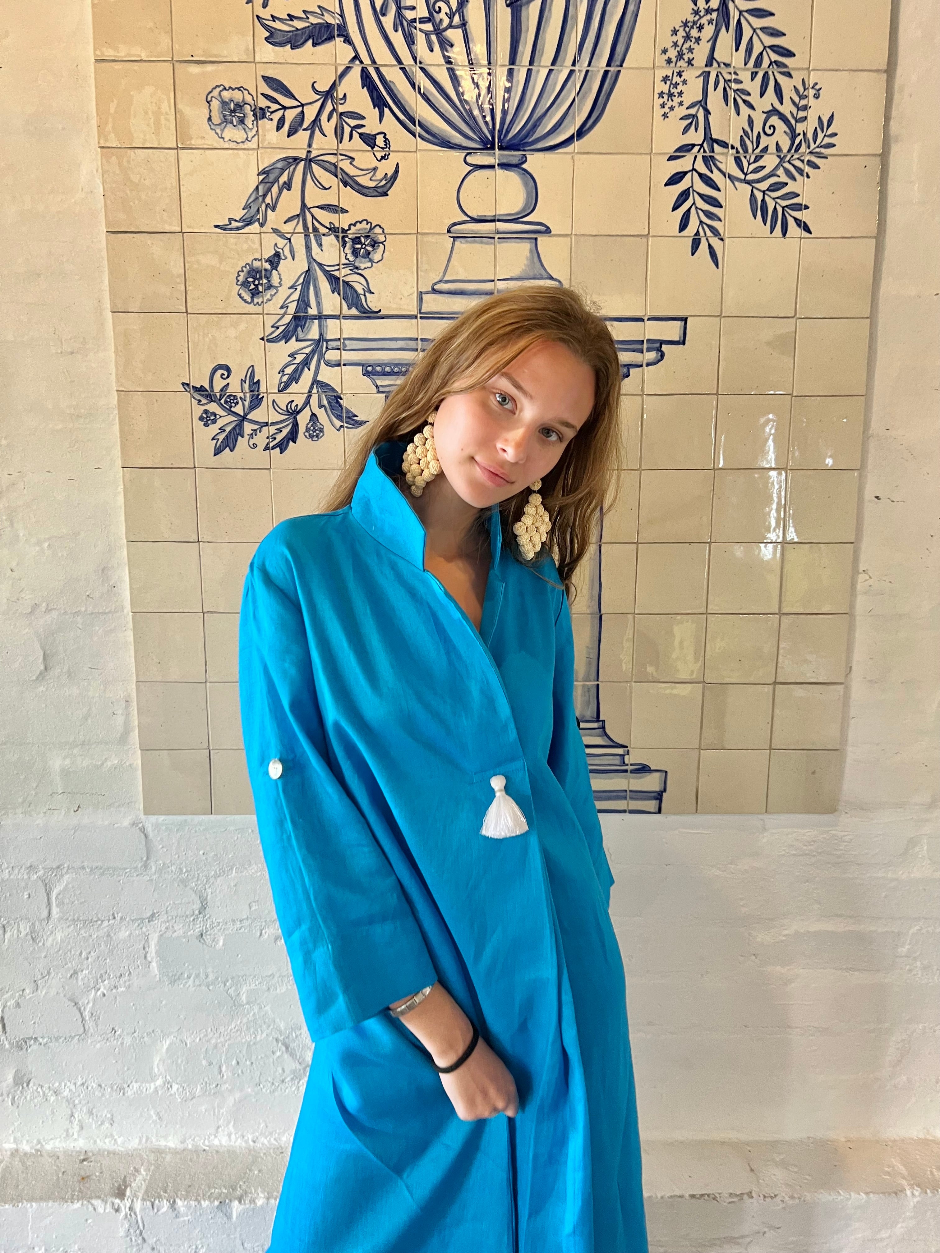 Turquoise Linen Collar Kaftan