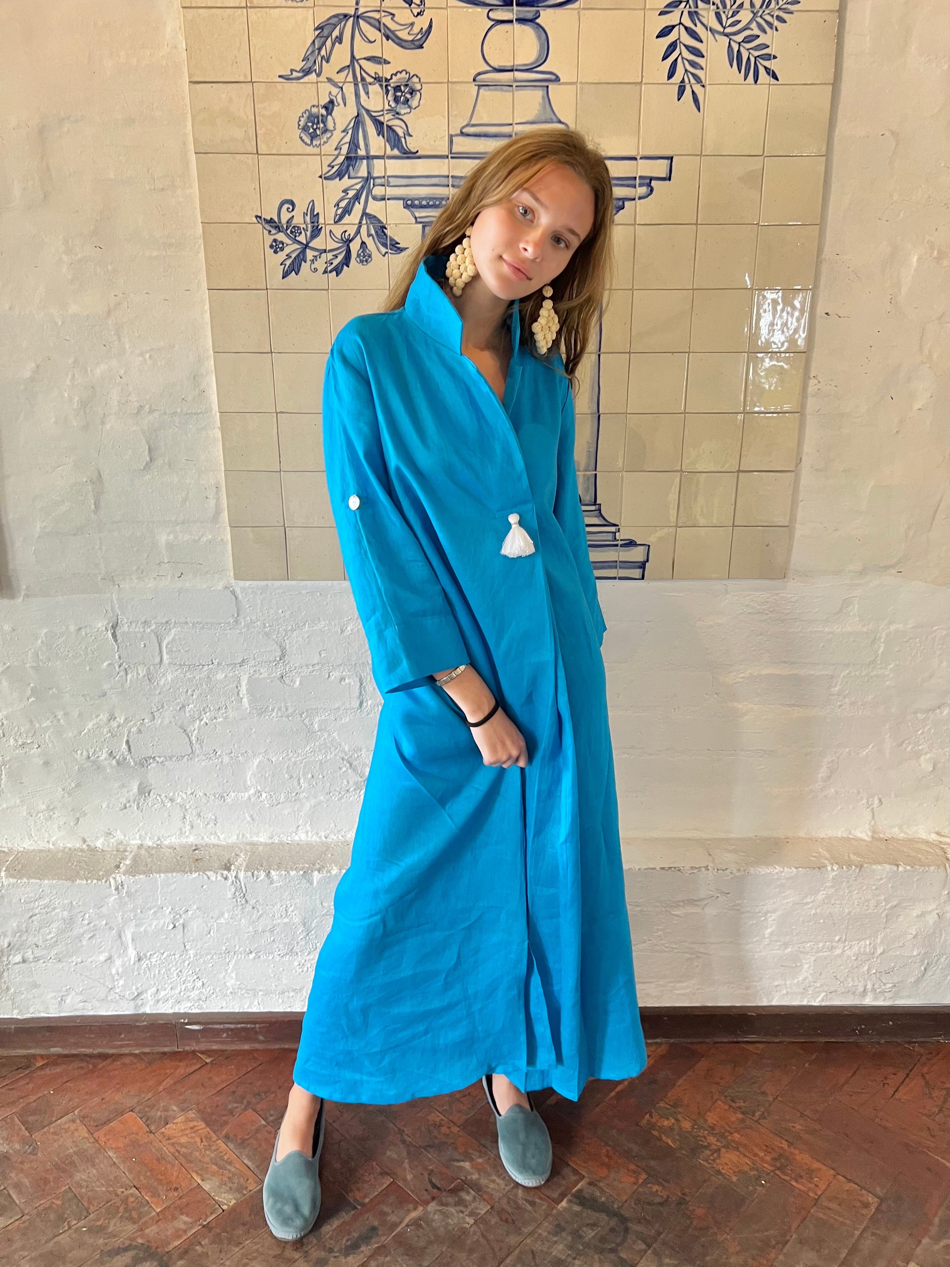 Turquoise Linen Collar Kaftan