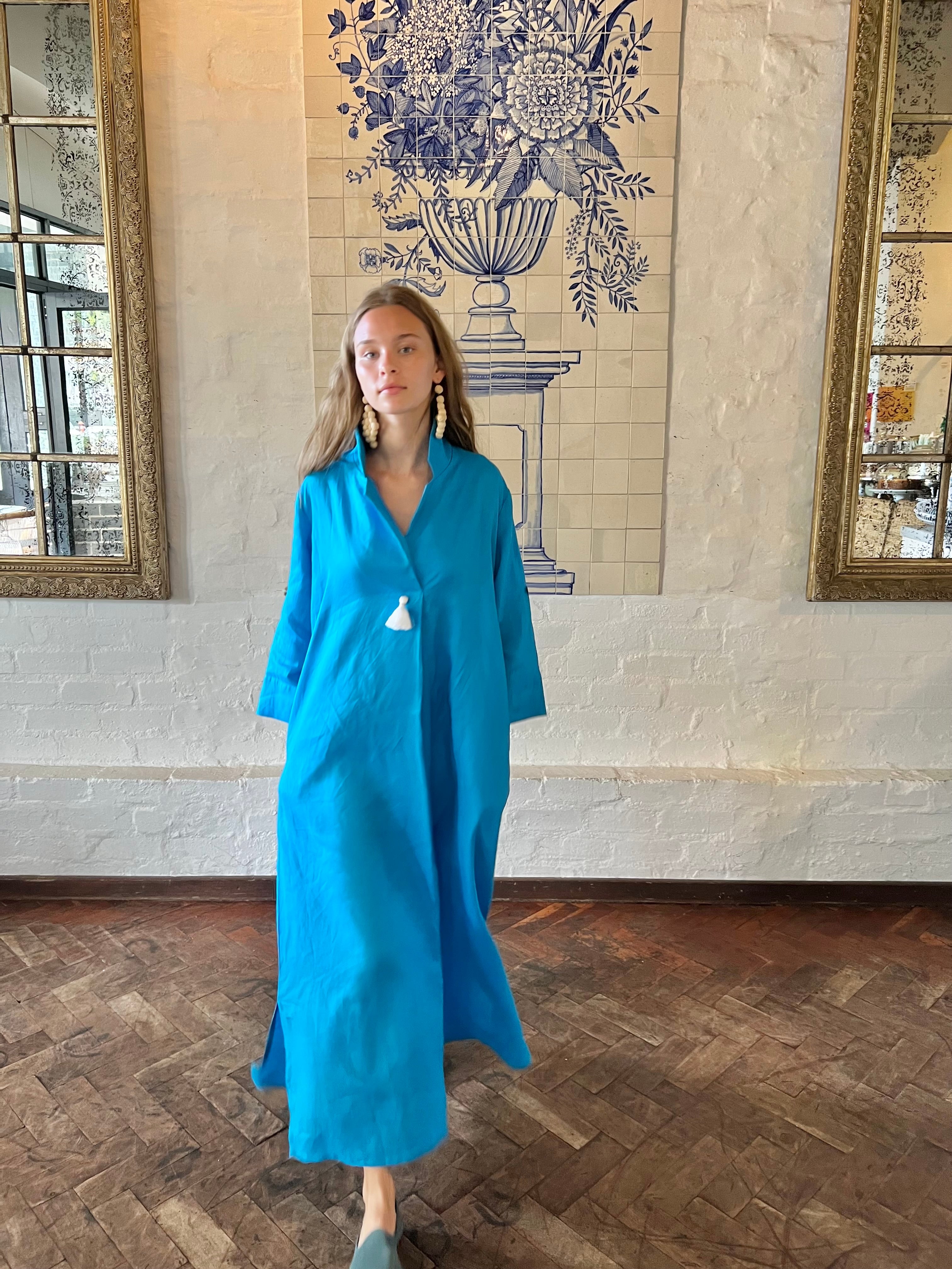 Turquoise Linen Collar Kaftan