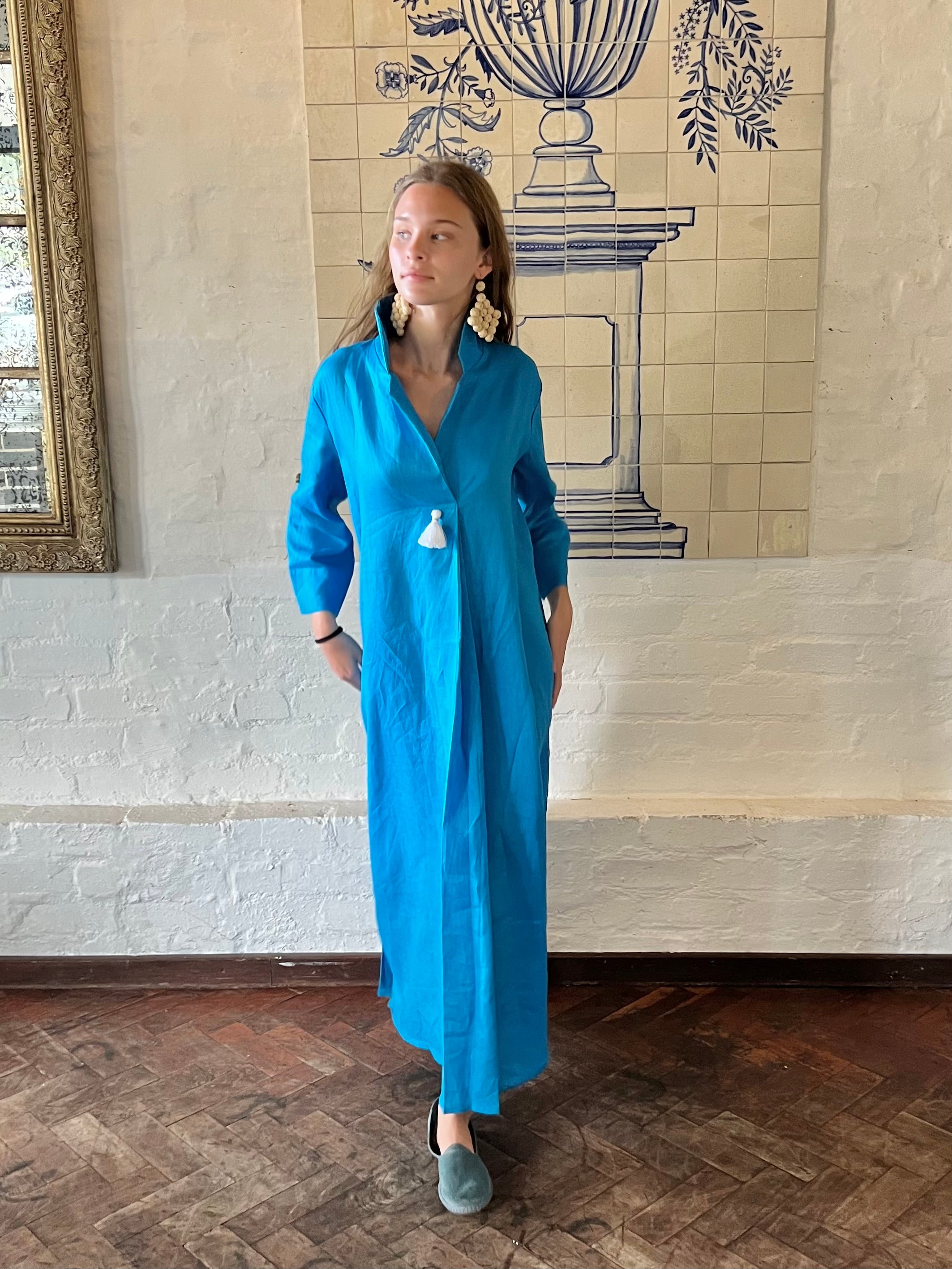 Turquoise Linen Collar Kaftan