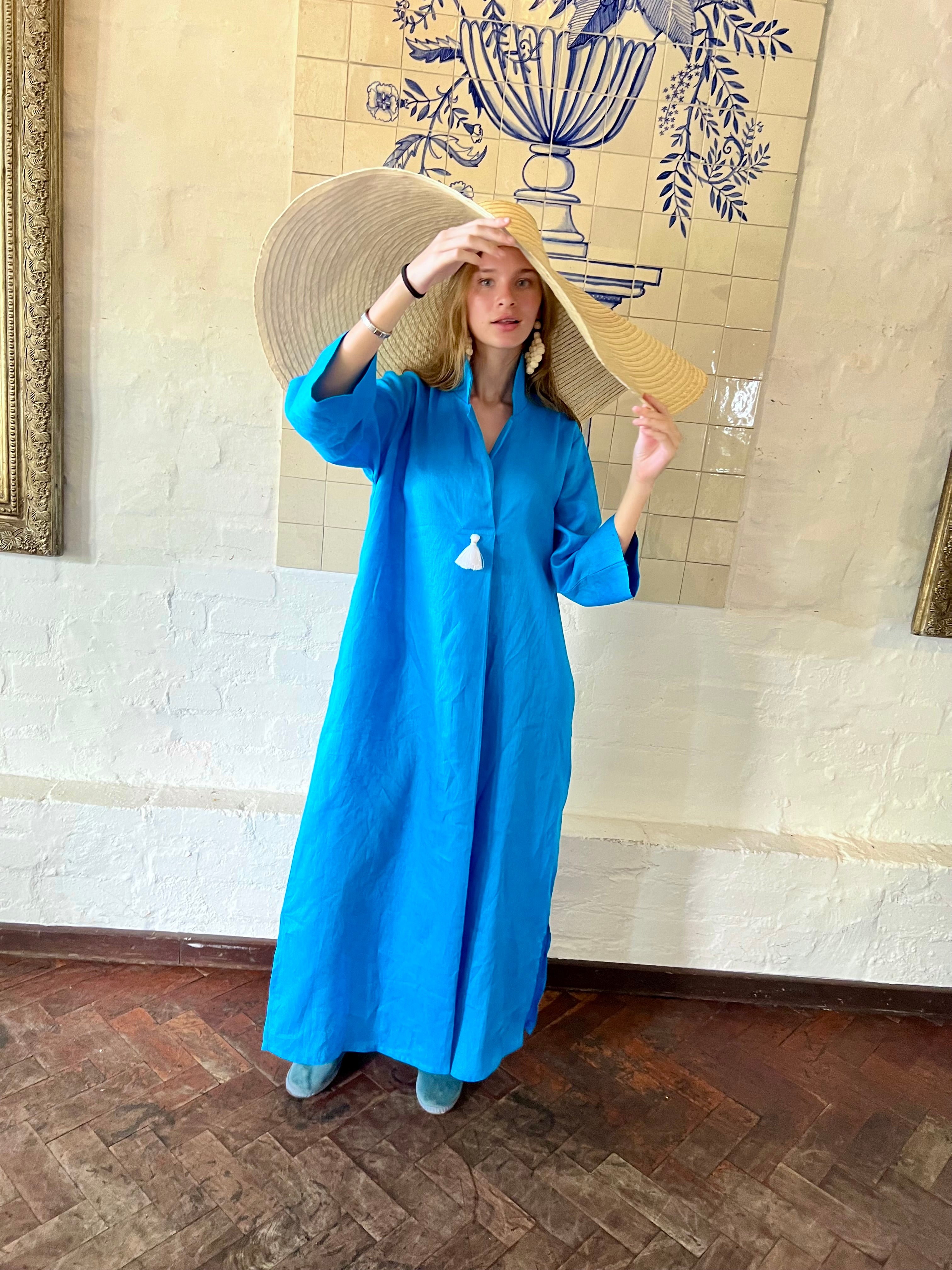 Turquoise Linen Collar Kaftan