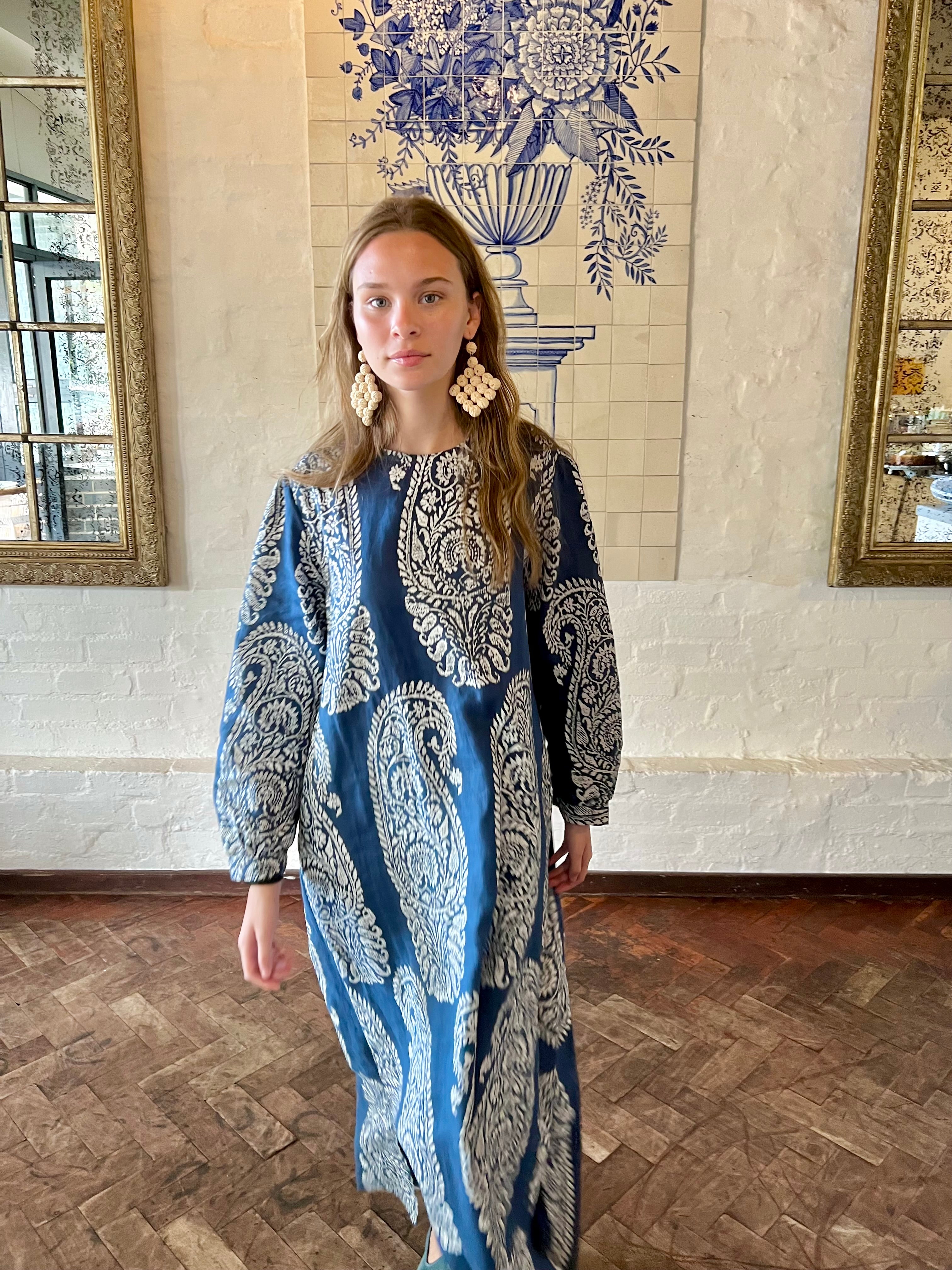 Jaipur Paisley Linen Collar Kaftan Blue