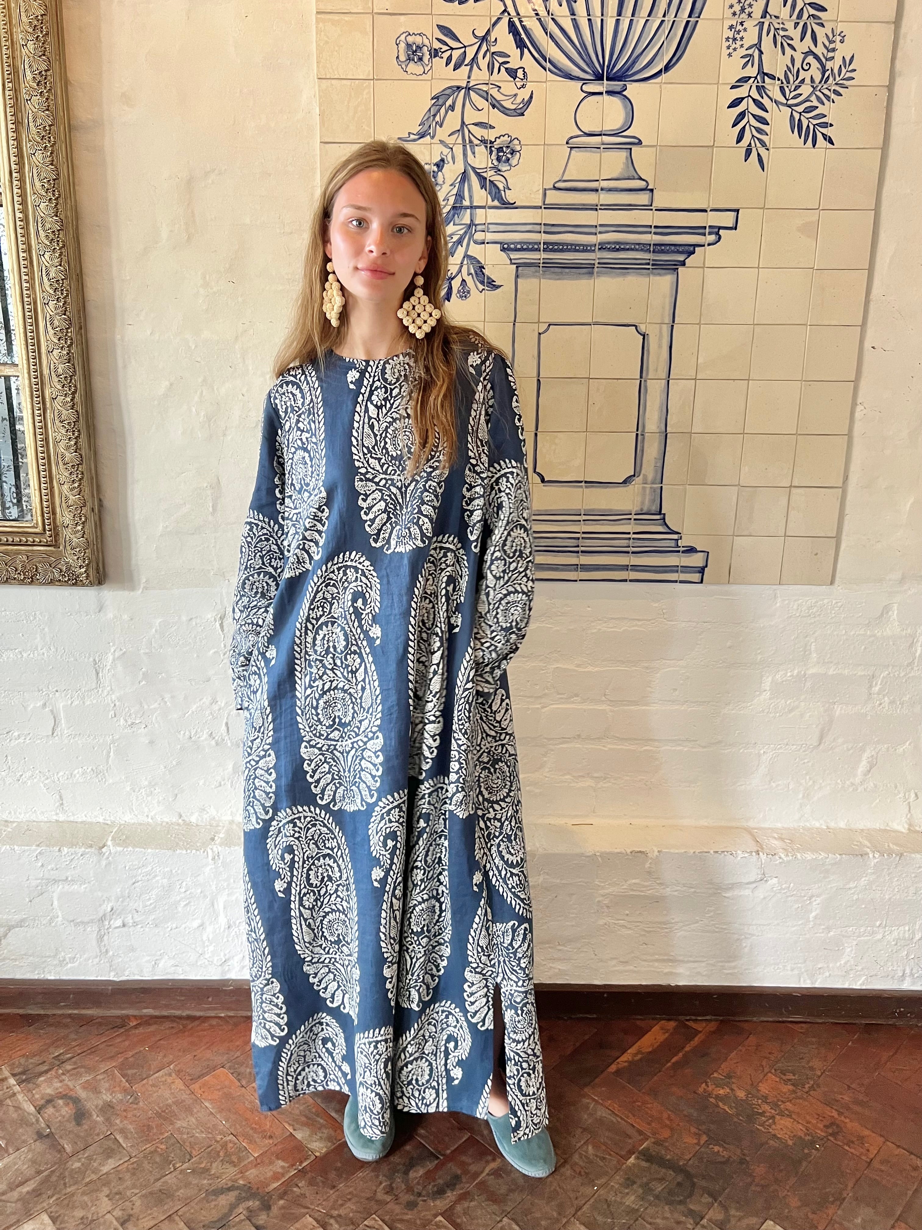 Jaipur Paisley Linen Collar Kaftan Blue