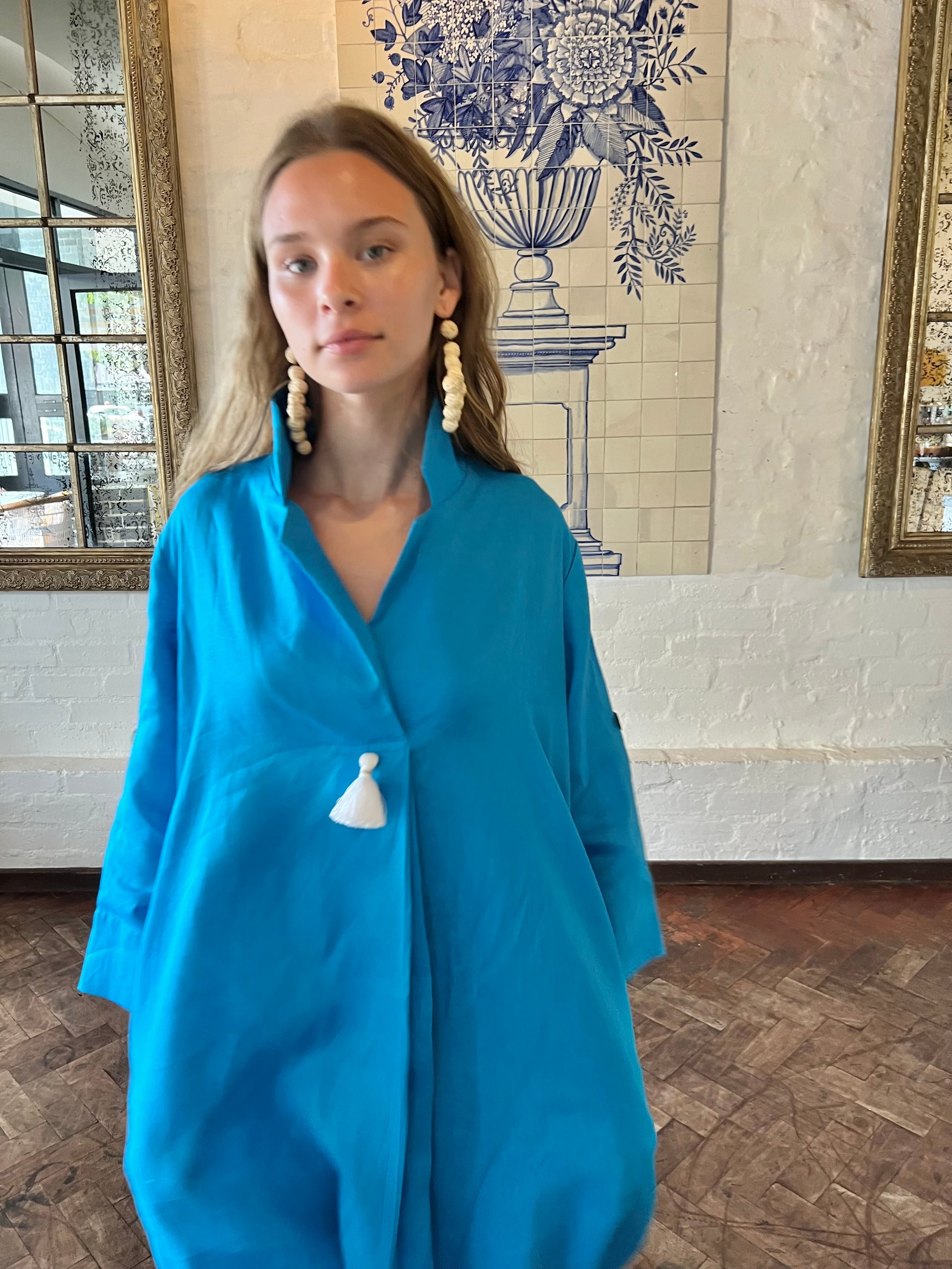 Turquoise Linen Collar Kaftan