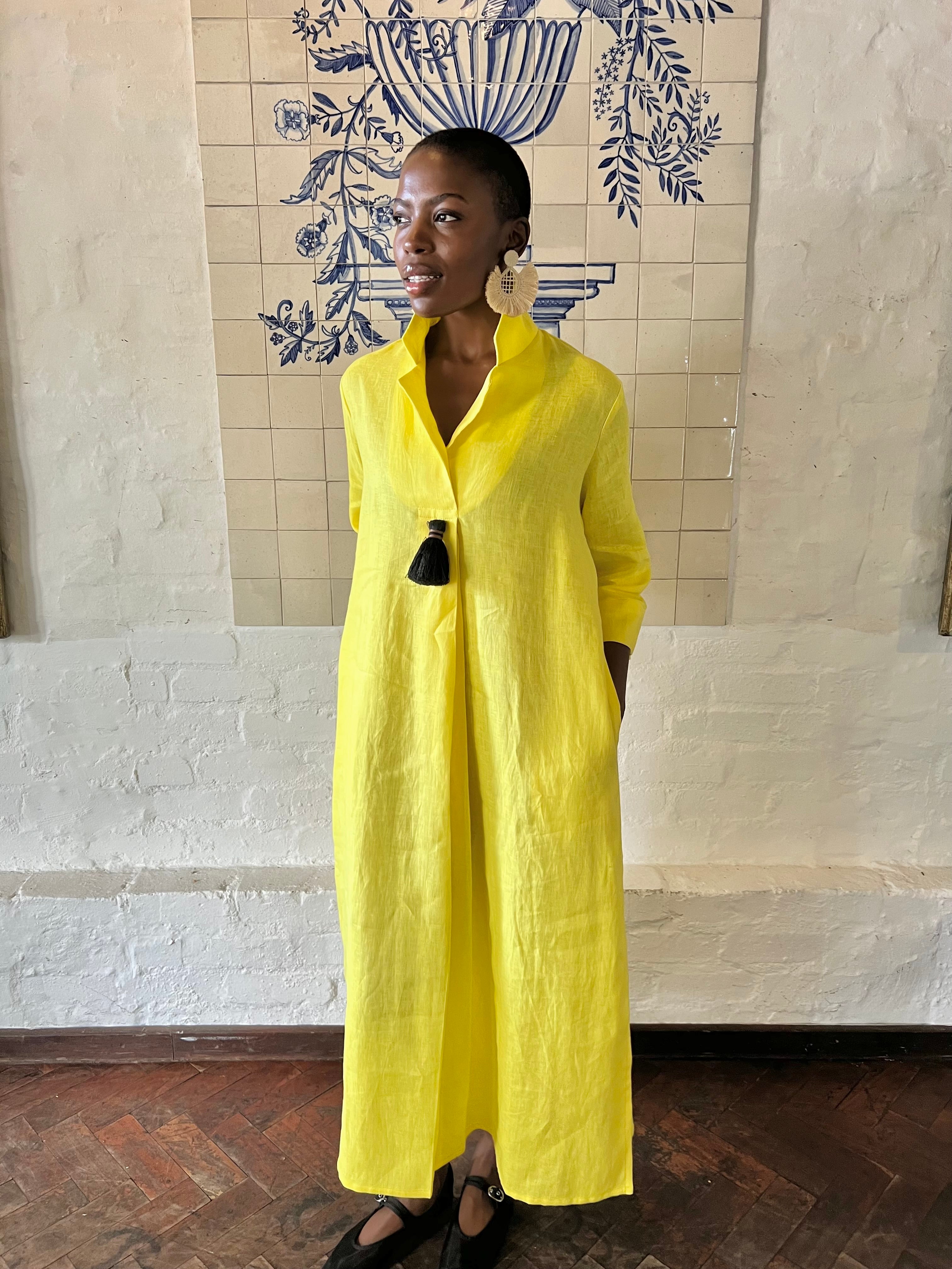 Yellow Linen Collar Kaftan