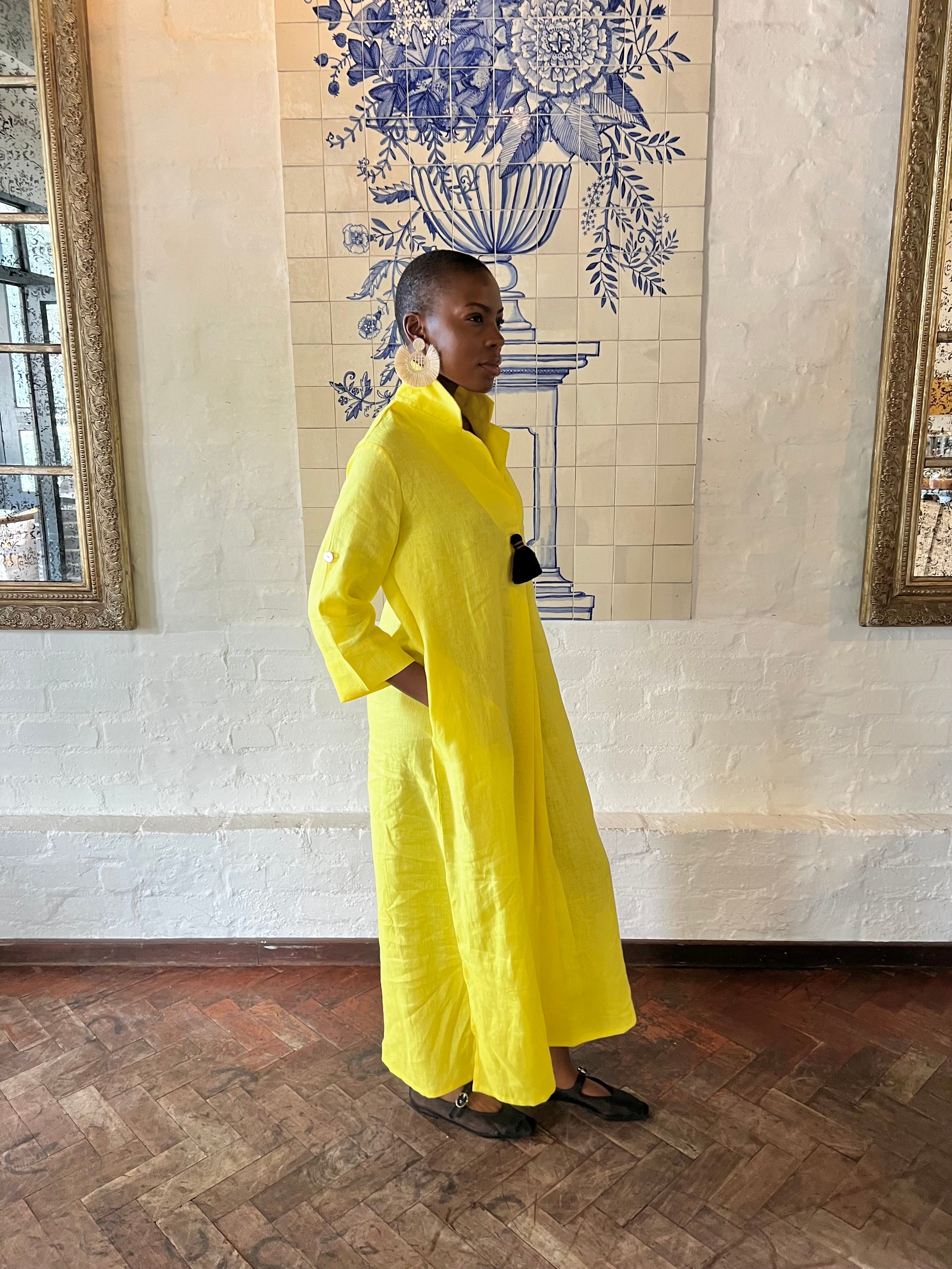 Yellow Linen Collar Kaftan