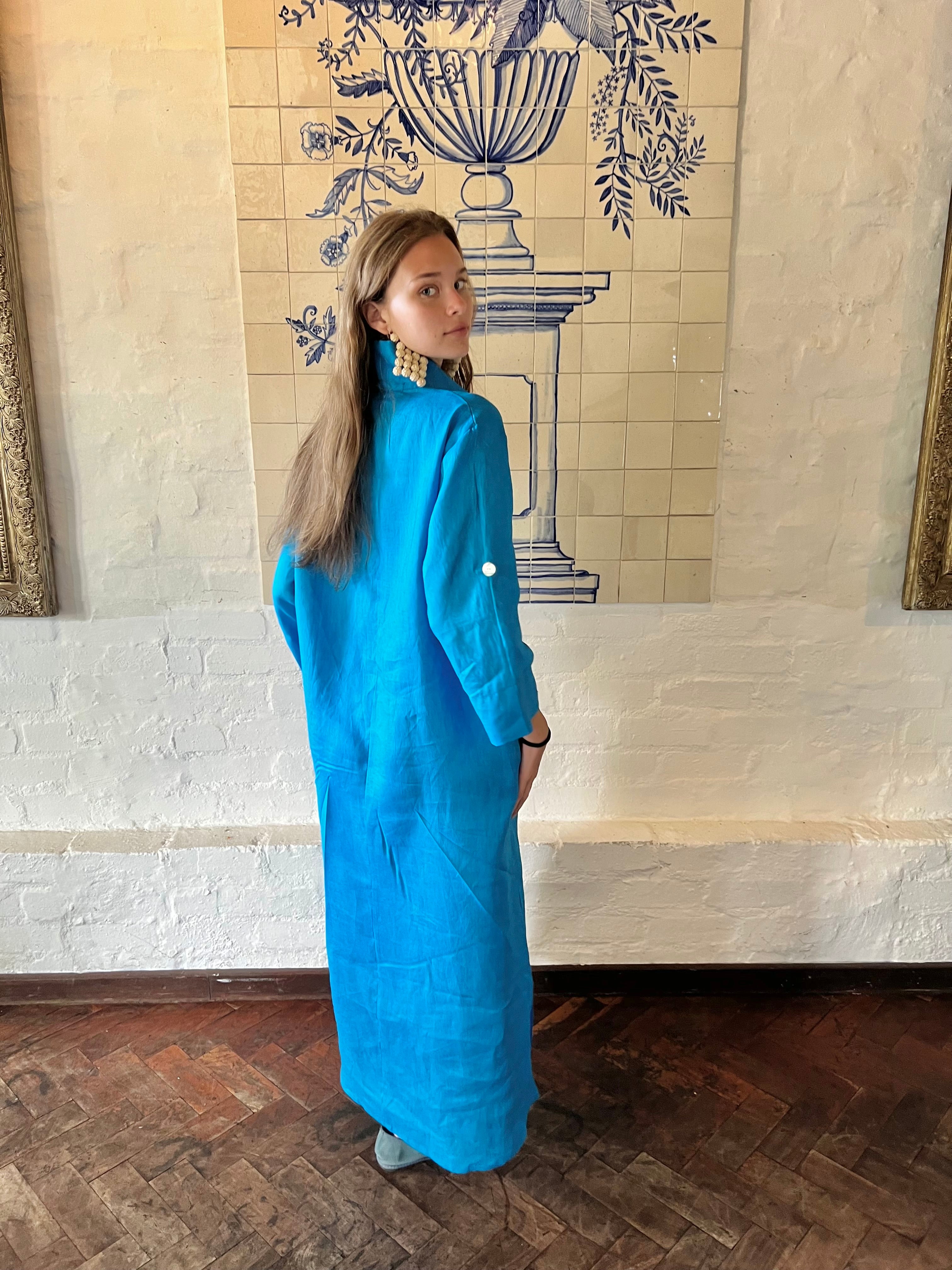 Turquoise Linen Collar Kaftan