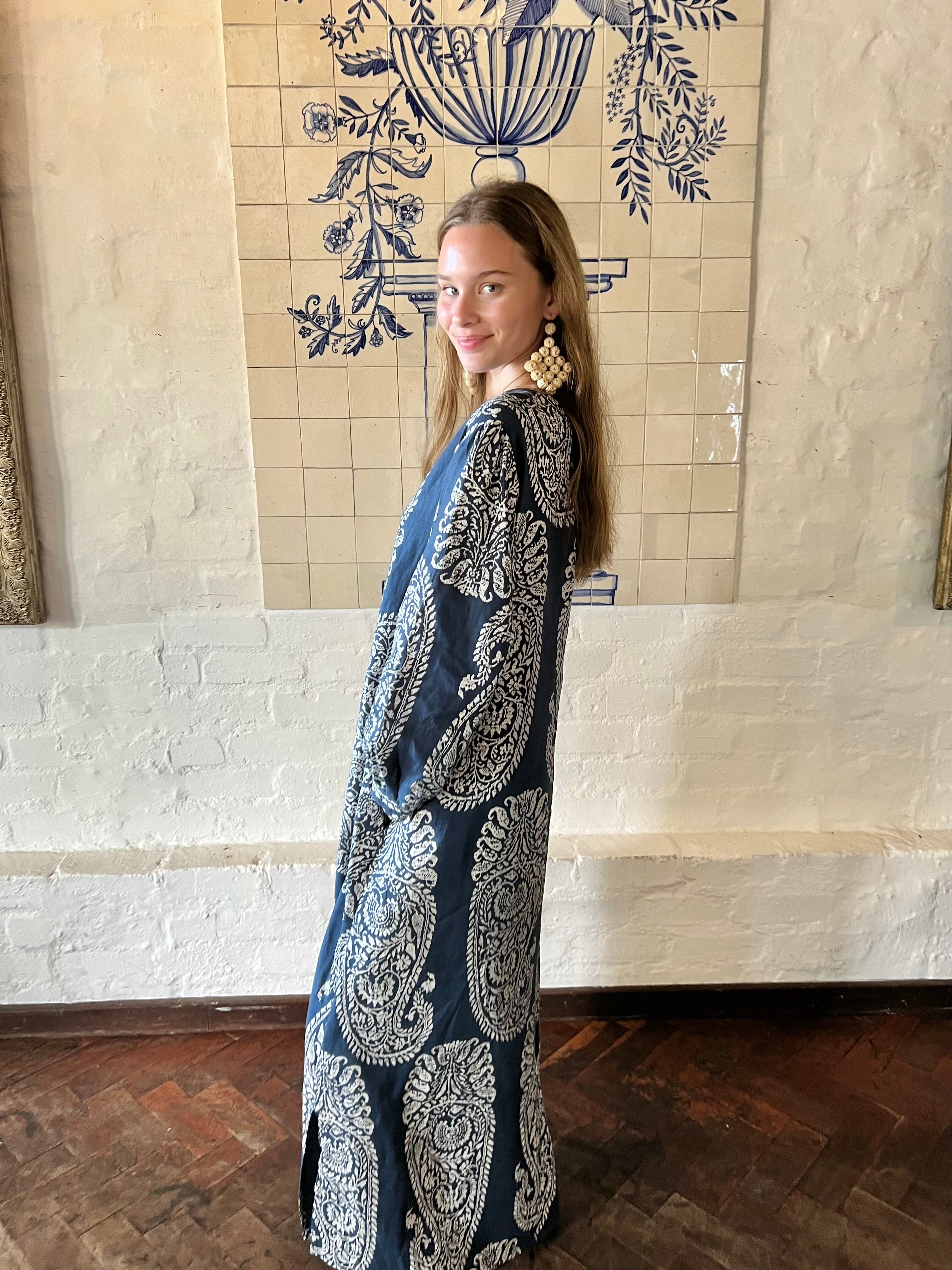 Jaipur Paisley Linen Collar Kaftan Blue