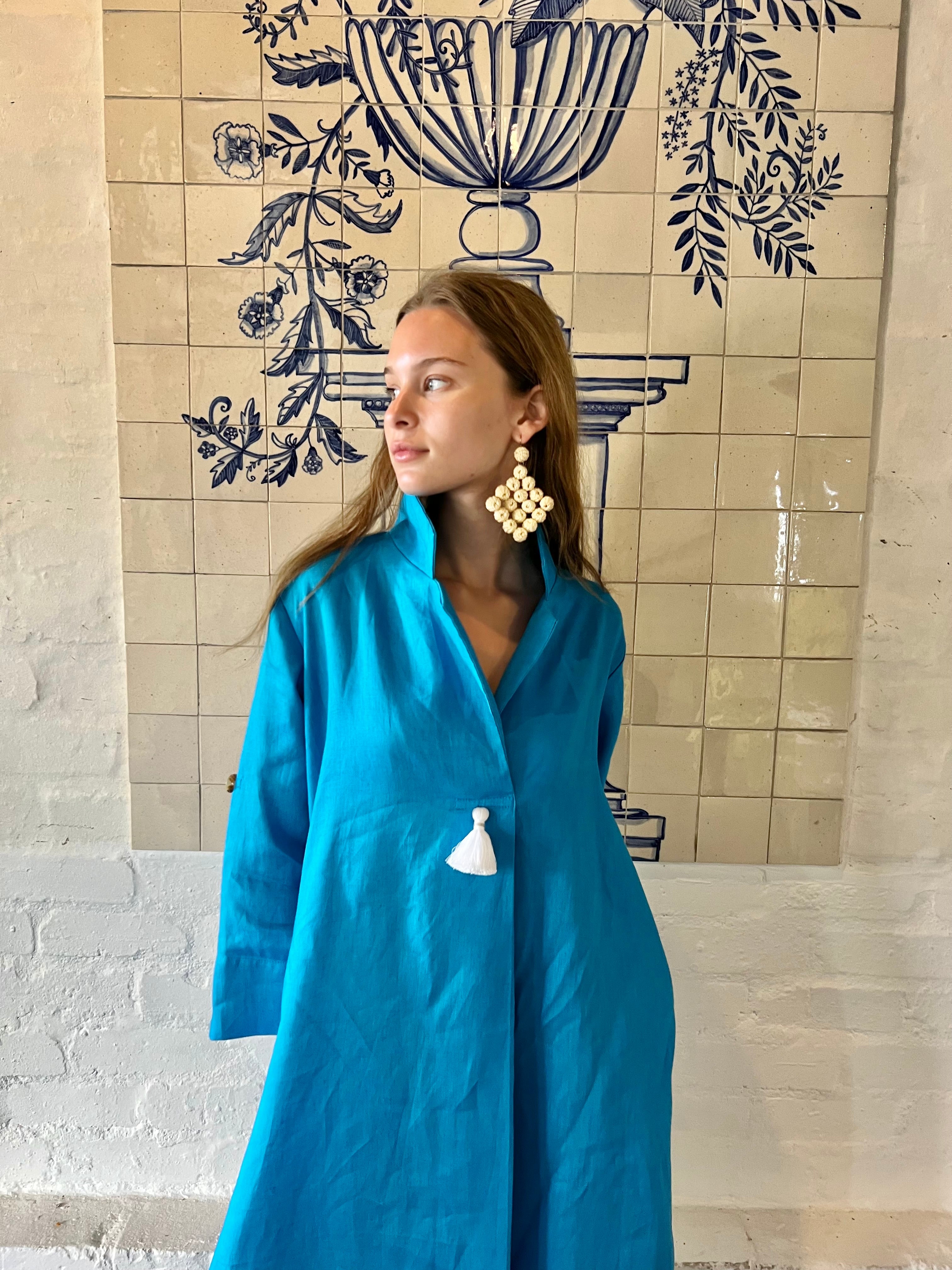 Turquoise Linen Collar Kaftan