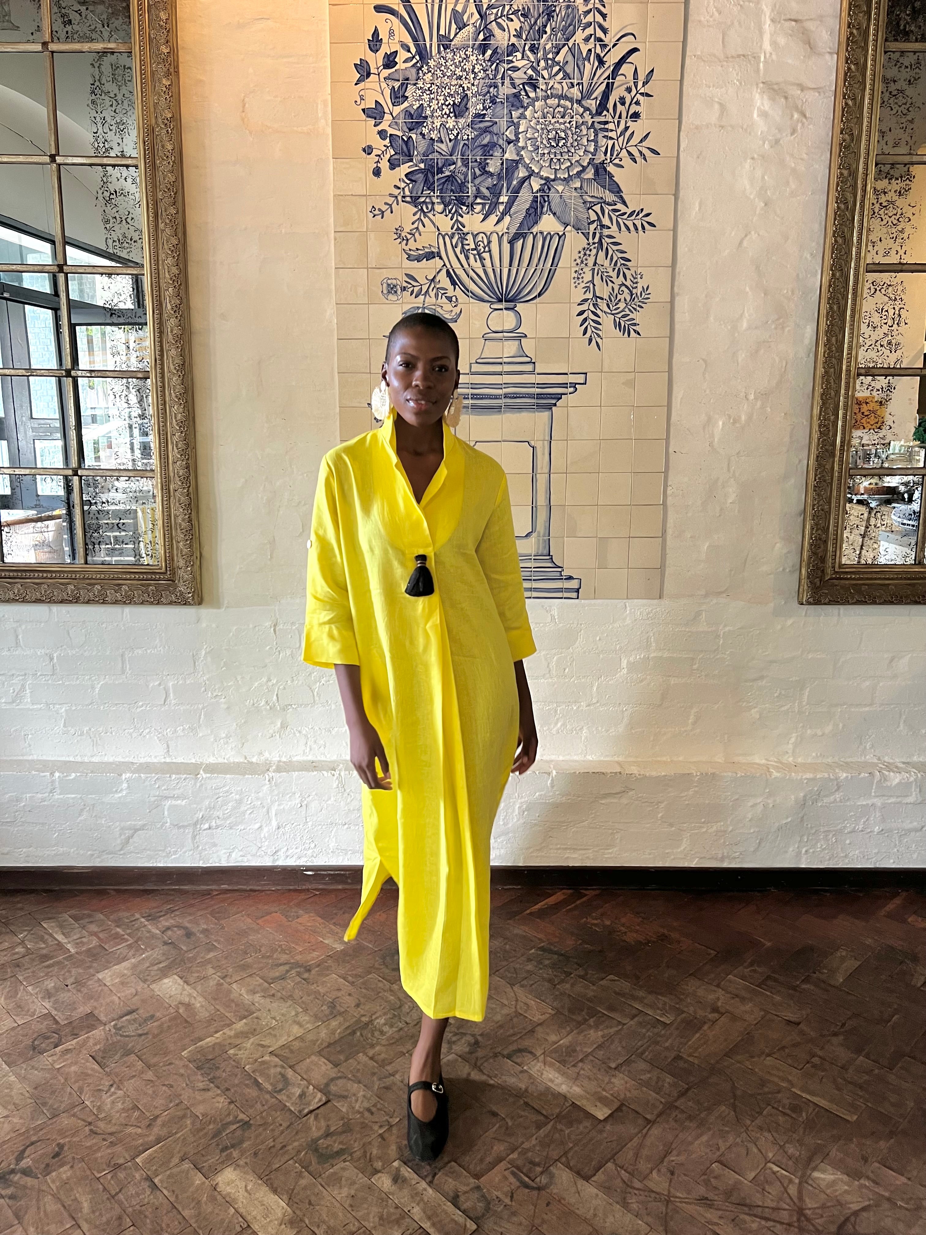 Yellow Linen Collar Kaftan