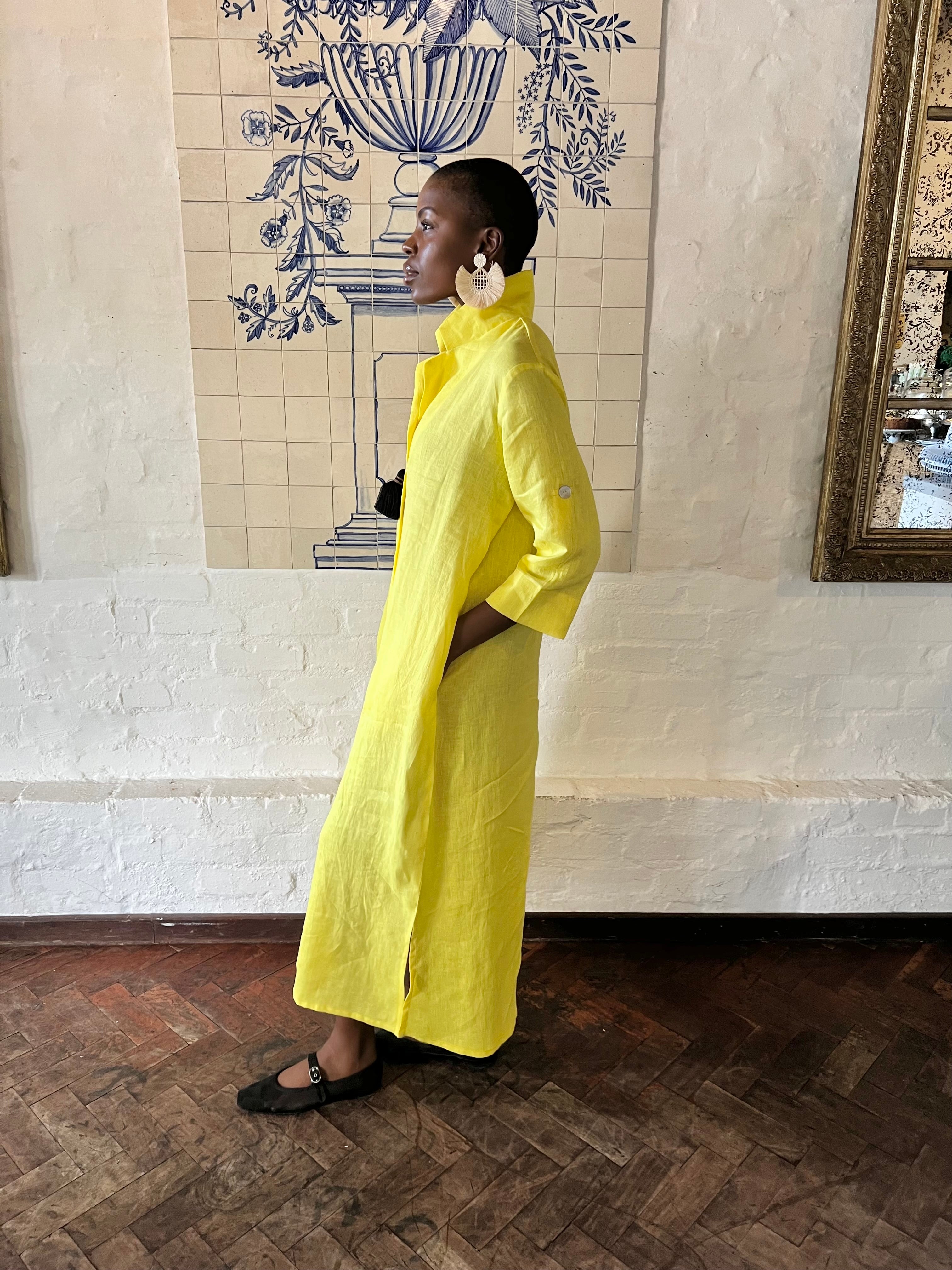 Yellow Linen Collar Kaftan