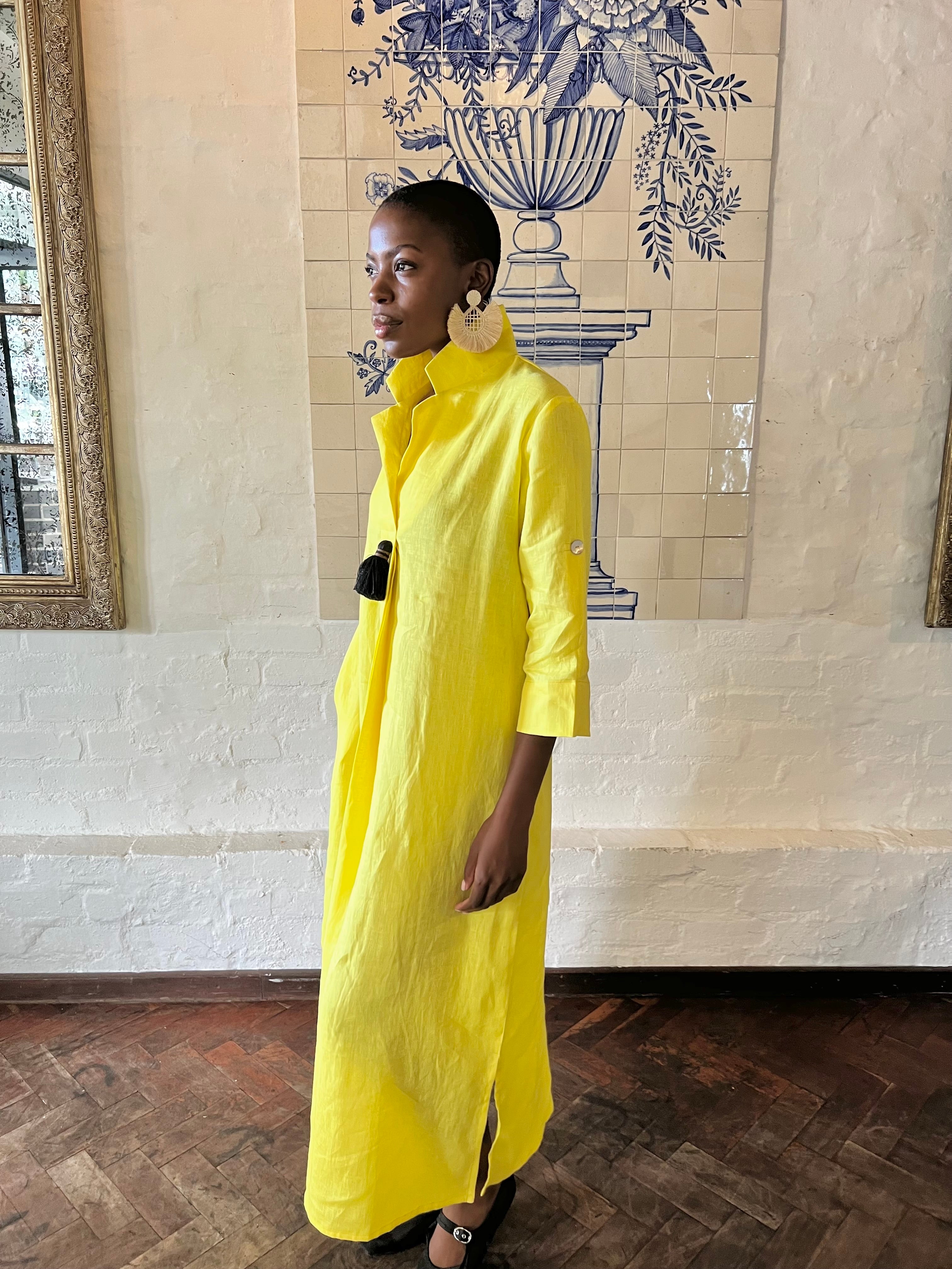 Yellow Linen Collar Kaftan