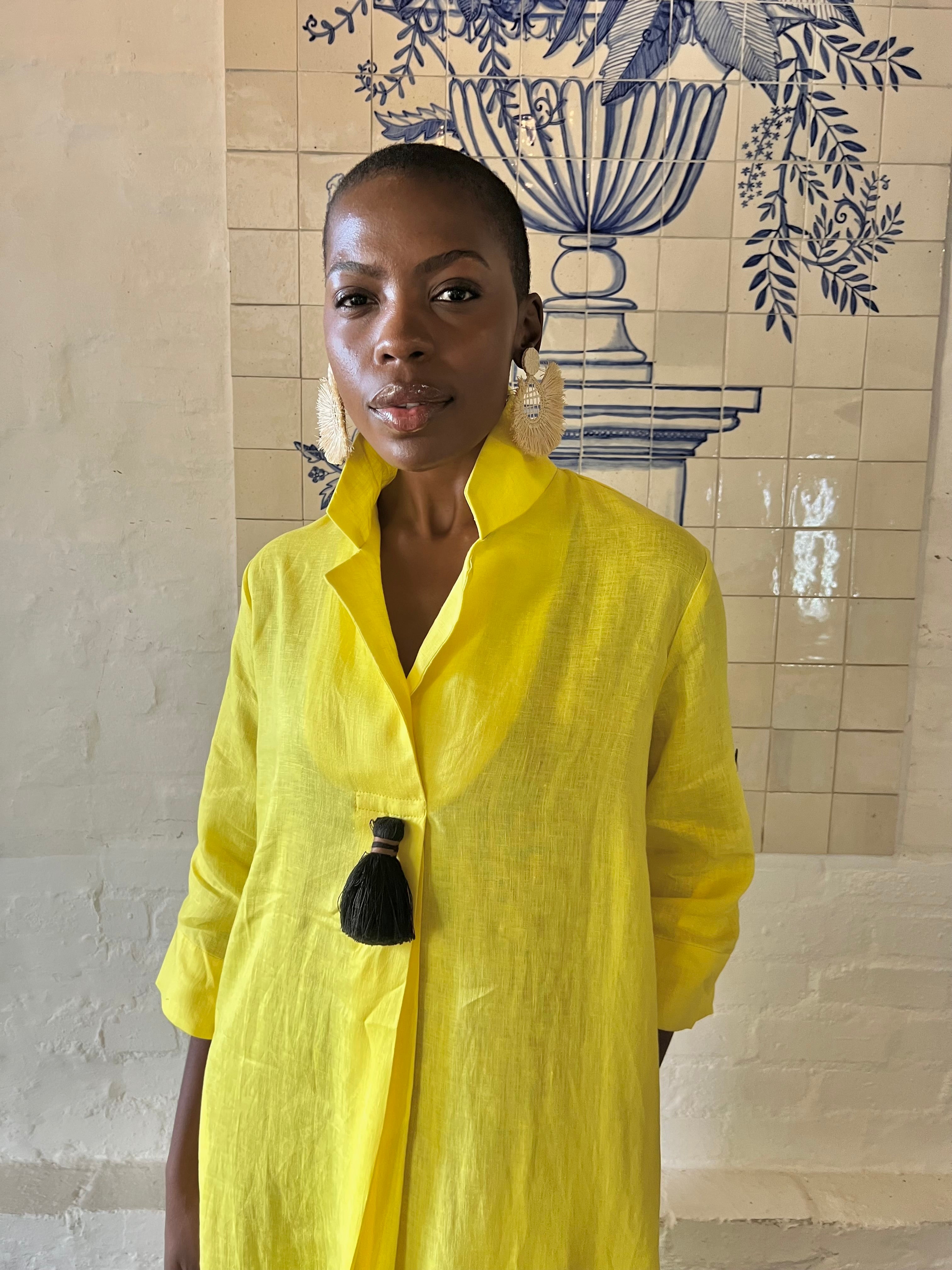 Yellow Linen Collar Kaftan