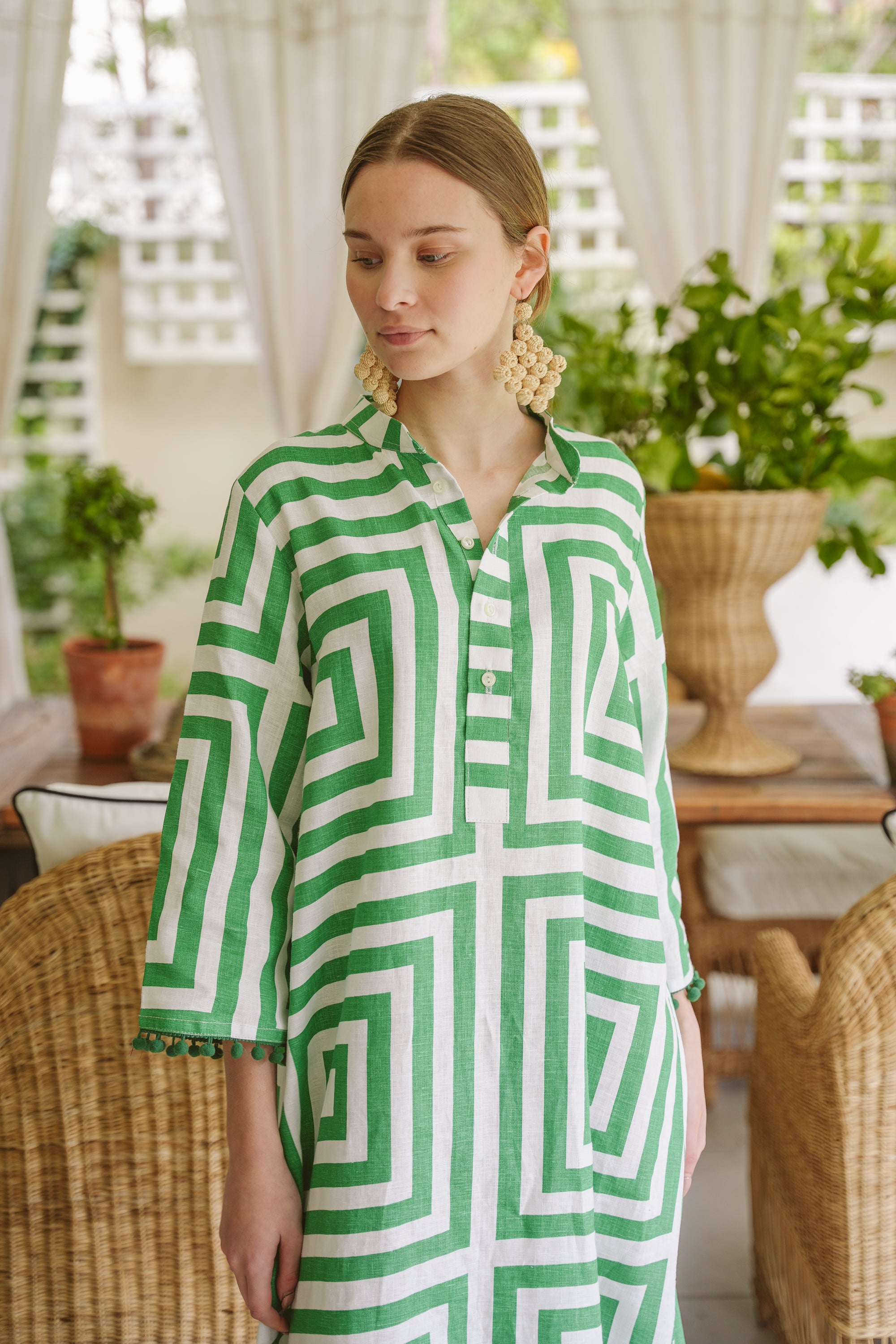 Green Geometric Linen Kaftan