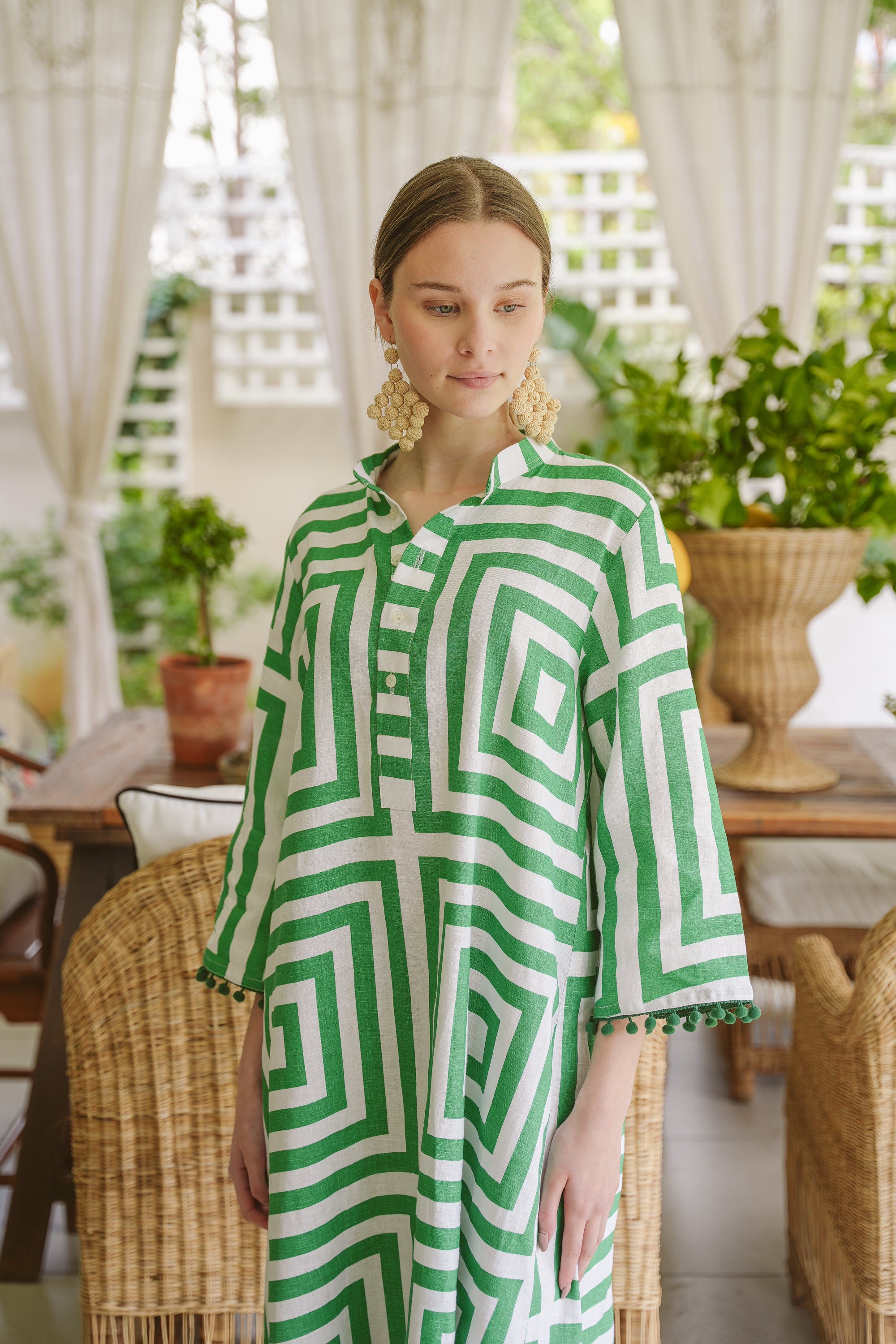 Green Geometric Linen Kaftan