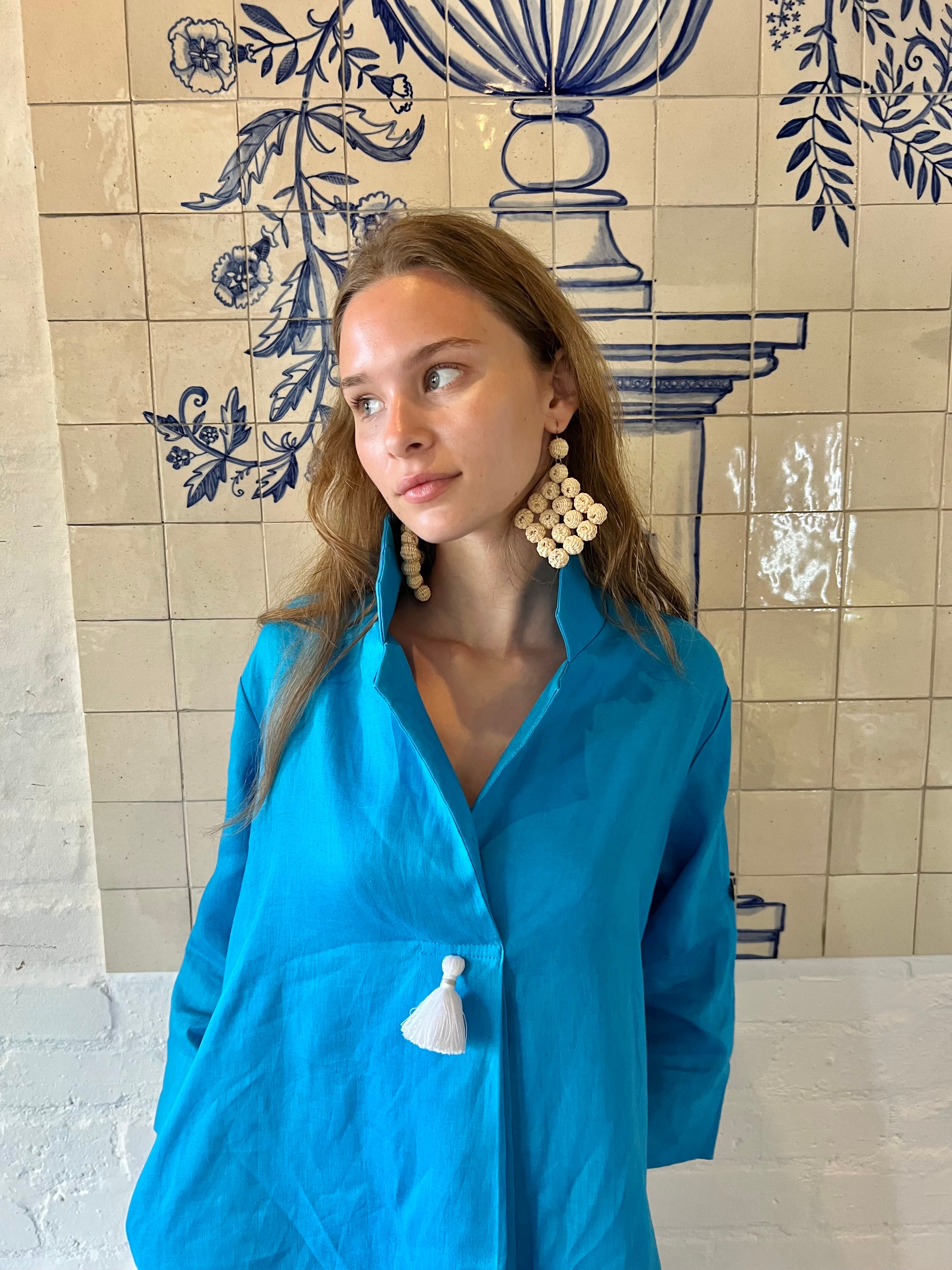 Turquoise Linen Collar Kaftan