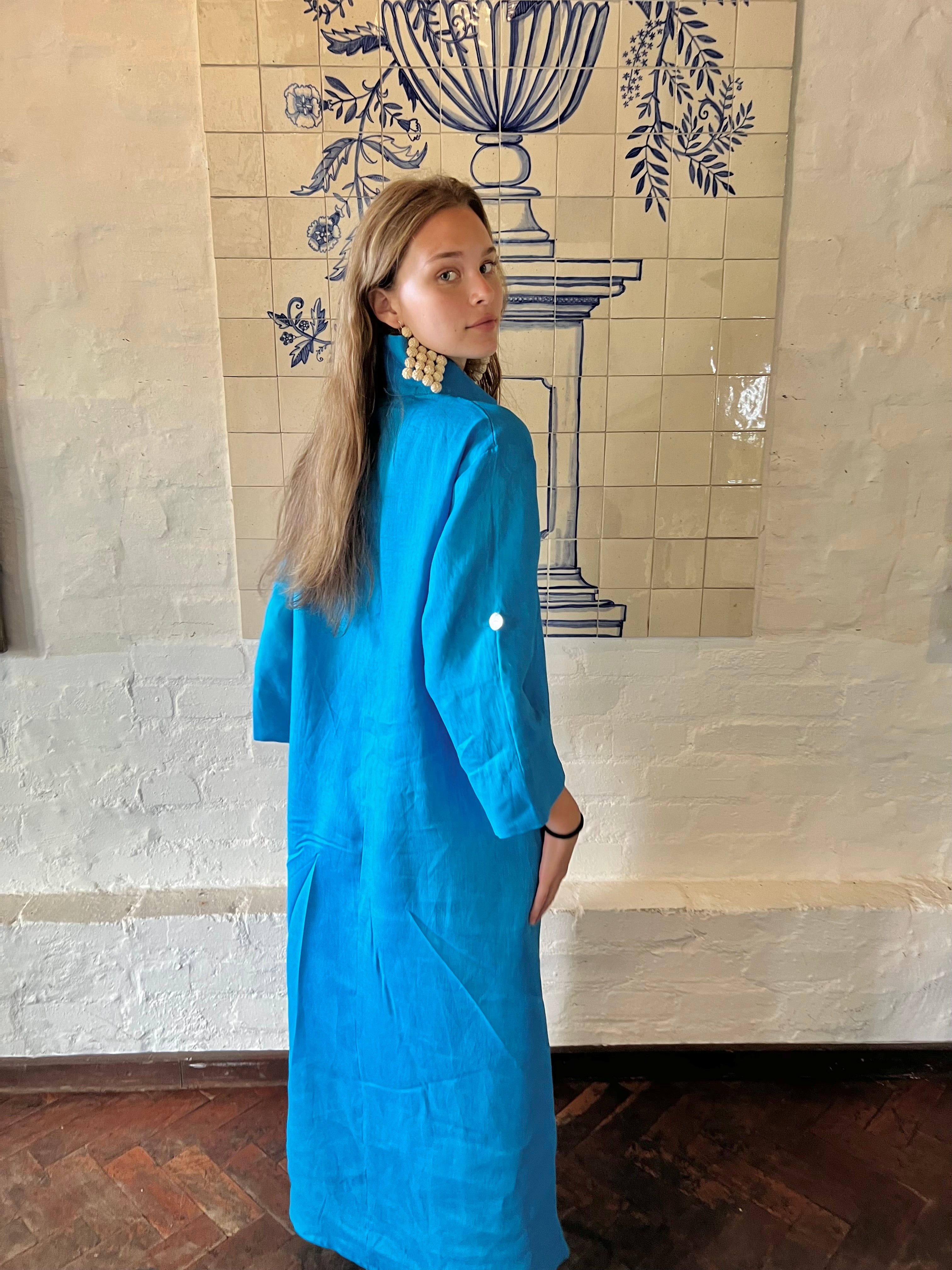 Turquoise Linen Collar Kaftan